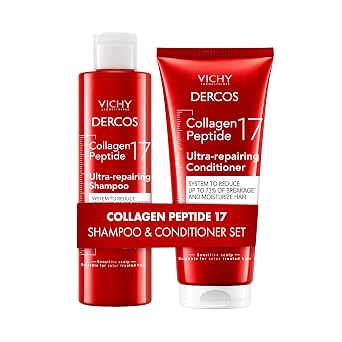 VICHY Dercos Collagen Peptide 17 Ultra Repairing Shampoo + Conditioner, Anti Hair Fall & Bond Repair for Damaged Weak Hair, Strengthens, Reduces Breakage, Boosts Volume