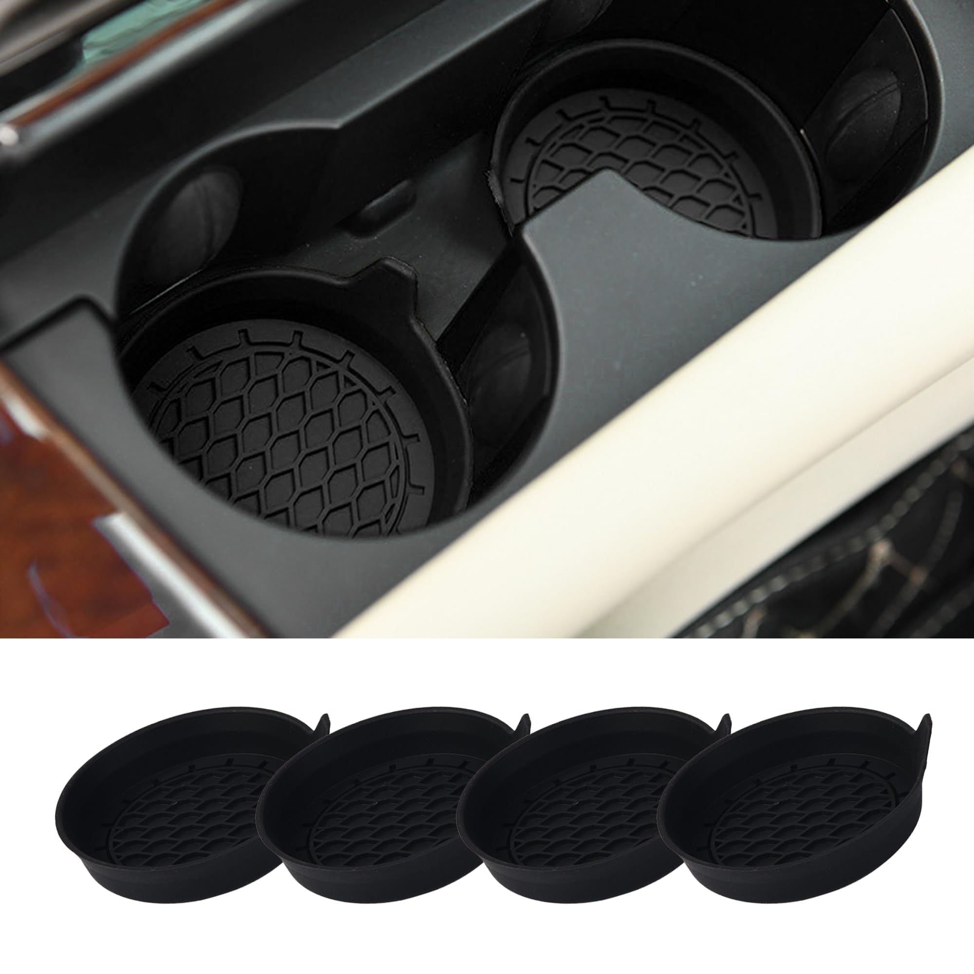 Tioollev - 4 posavasos de silicona antideslizantes para coche, almohadillas de inserción para aislamiento interior de coche, accesorios de decoración universales para SUV, sedán y camión, color negro