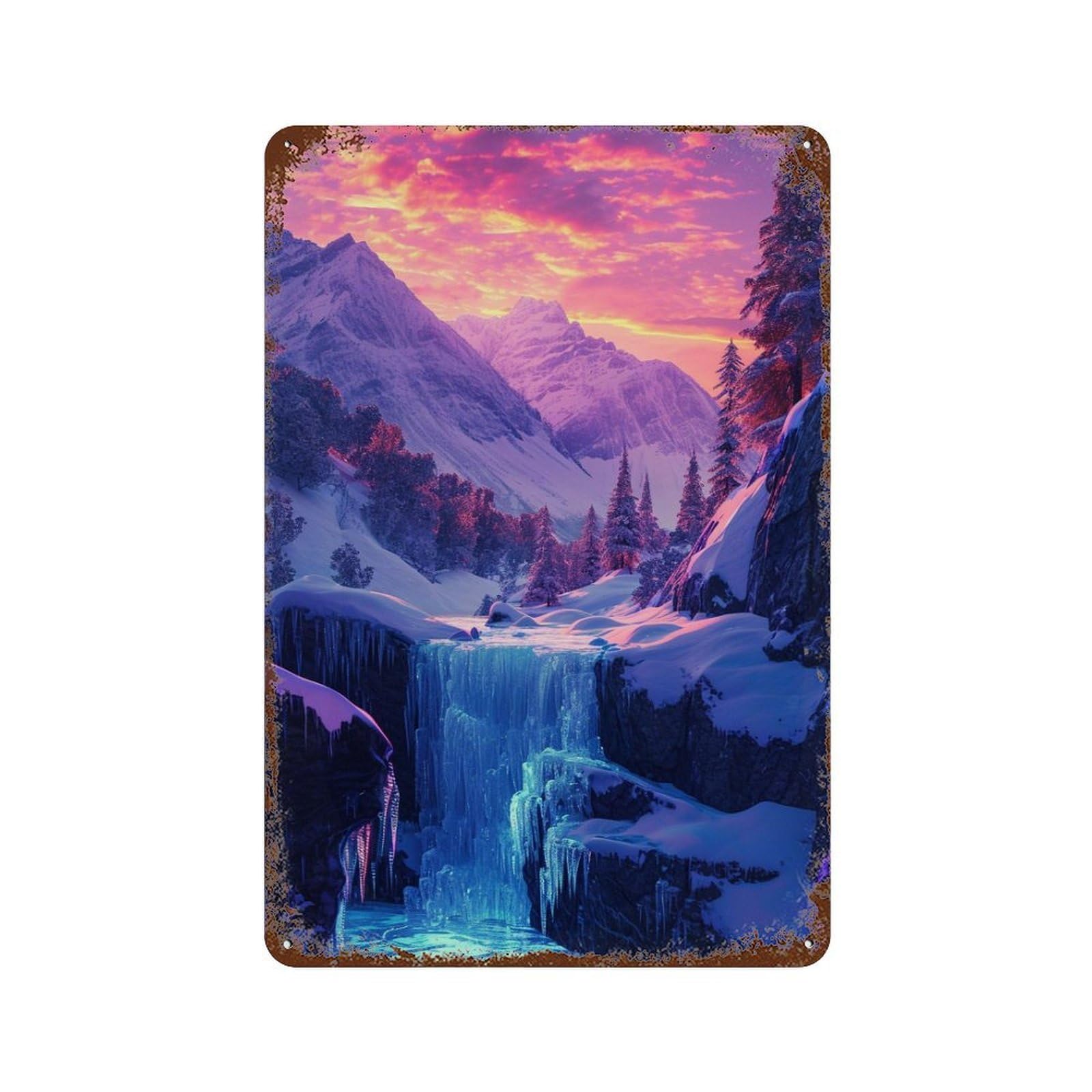 Frosty Mountain Waterfall Sunset Aged Metal Wall Plaque 11.8"x7.9", for Garage, Bar And Workshop Decor, Farmhouse Wall Decor