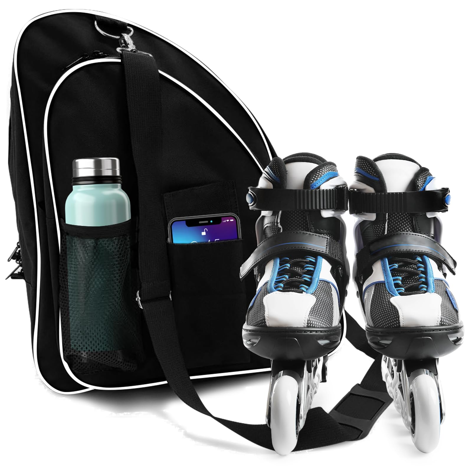 Kami-So Ice & Inline Skate Bag - Excellent Quality Bag to Carry Ice Skates, Roller Skates, Inline Skates for Kids & Adults (Black with White Line)