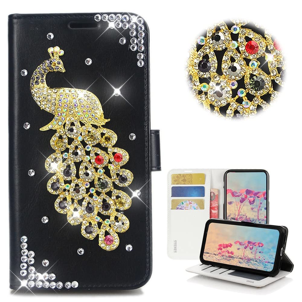 STENES Bling Wallet Phone Case Compatible with Umidigi A15C Case - STYLISH - 3D Handmade Crystal Peacock Magnetic Wallet Stand Girls Women Leather Cover - Black