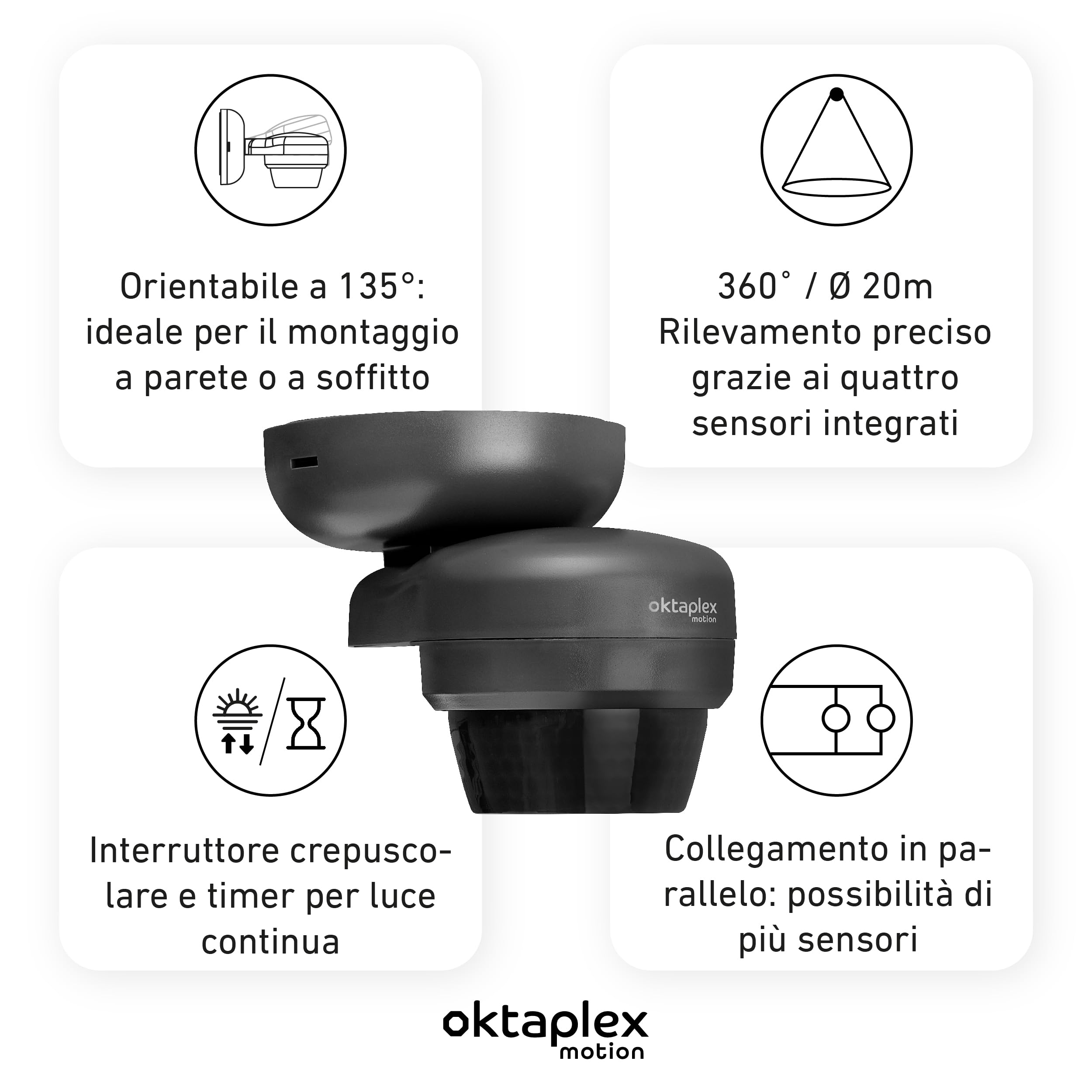Oktaplex Mia set da 2 sensori di movimento antracite 10 m orientabile | Sensore di movimento IP65 da 360 gradi 10 m da esterno 230 V