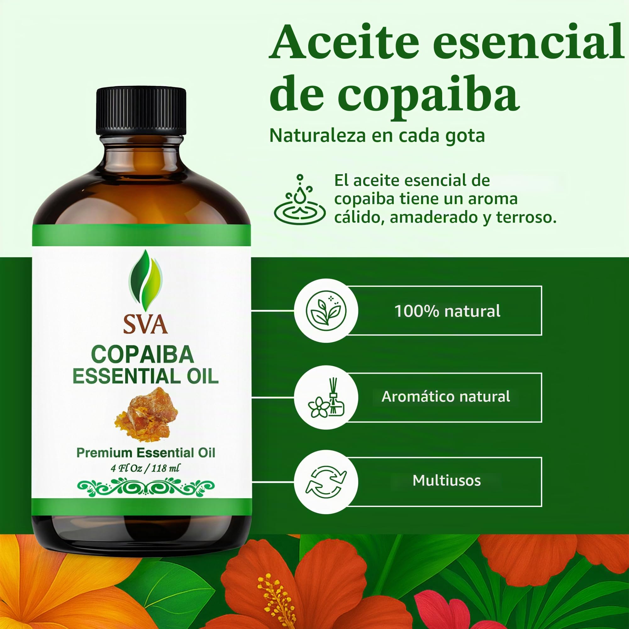 SVA ORGANICS Aceite Esencial de Copaiba 100% Puro Natural Grado Terapéutico con Cuentagotas para Difusor, Aromaterapia, Cuidado de la Piel, Cabello y Masaje Claro 4 Fl Oz (Paquete de 1)