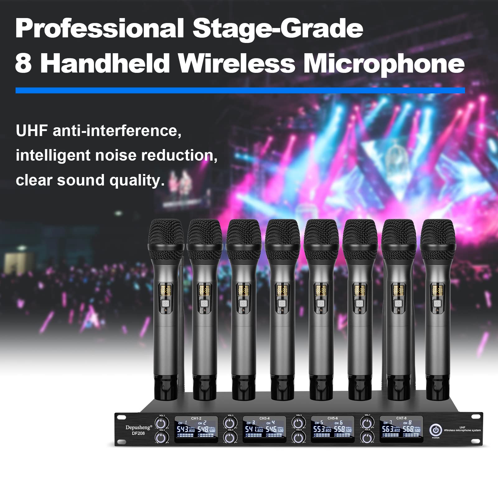 Depusheng DF208 UHF microfoni senza fili, sistema di microfono portatile dinamico professionale a 8 canali, alloggiamento in metallo, adatto per palcoscenico, conferenza