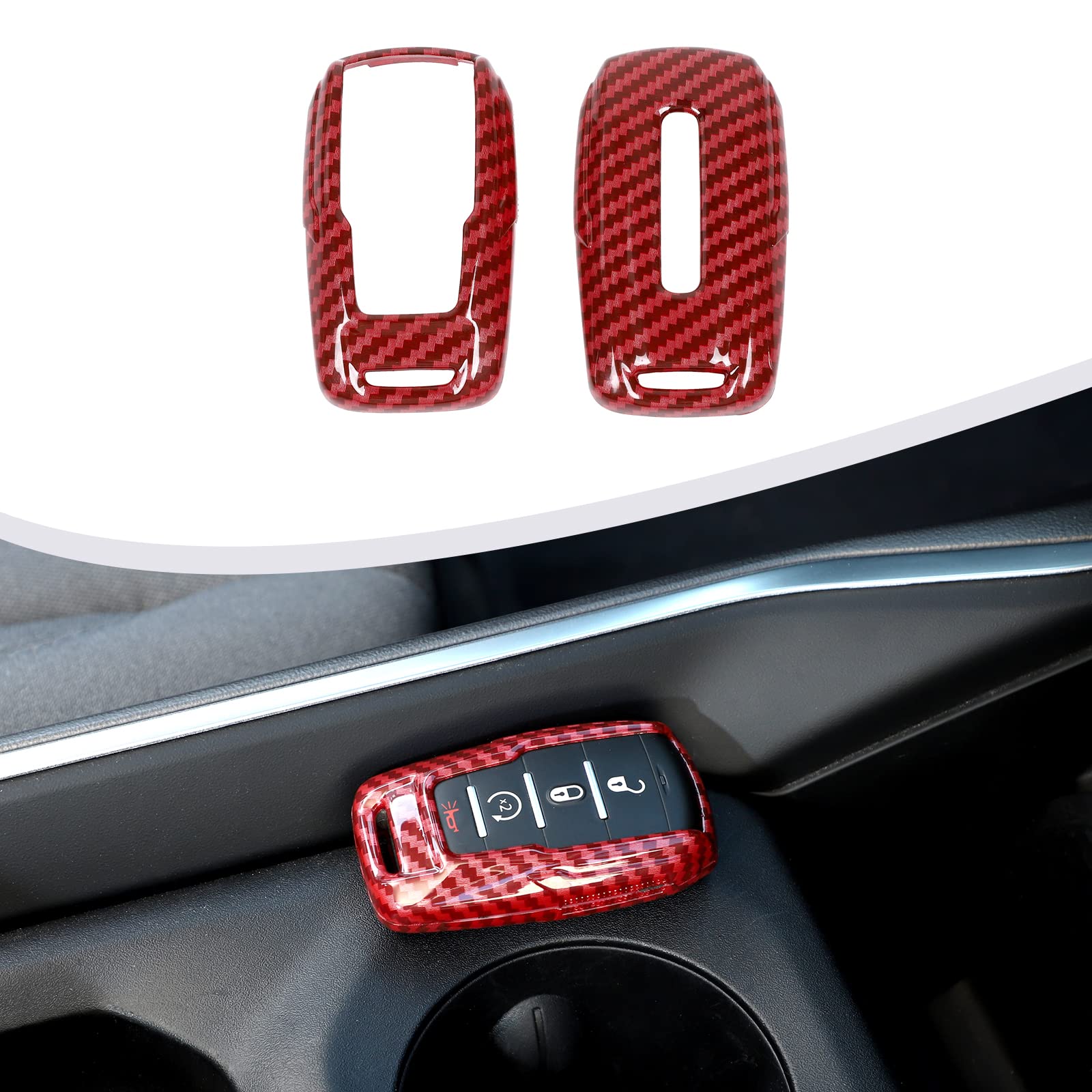 SQQP ABS Key Fob Cover Fit for 2018-21023 Dodge RAM 1500 2500 3500, Key Fob Shell Protector Shell Keyless Remote Control Smart Key Holder(Red Carbon