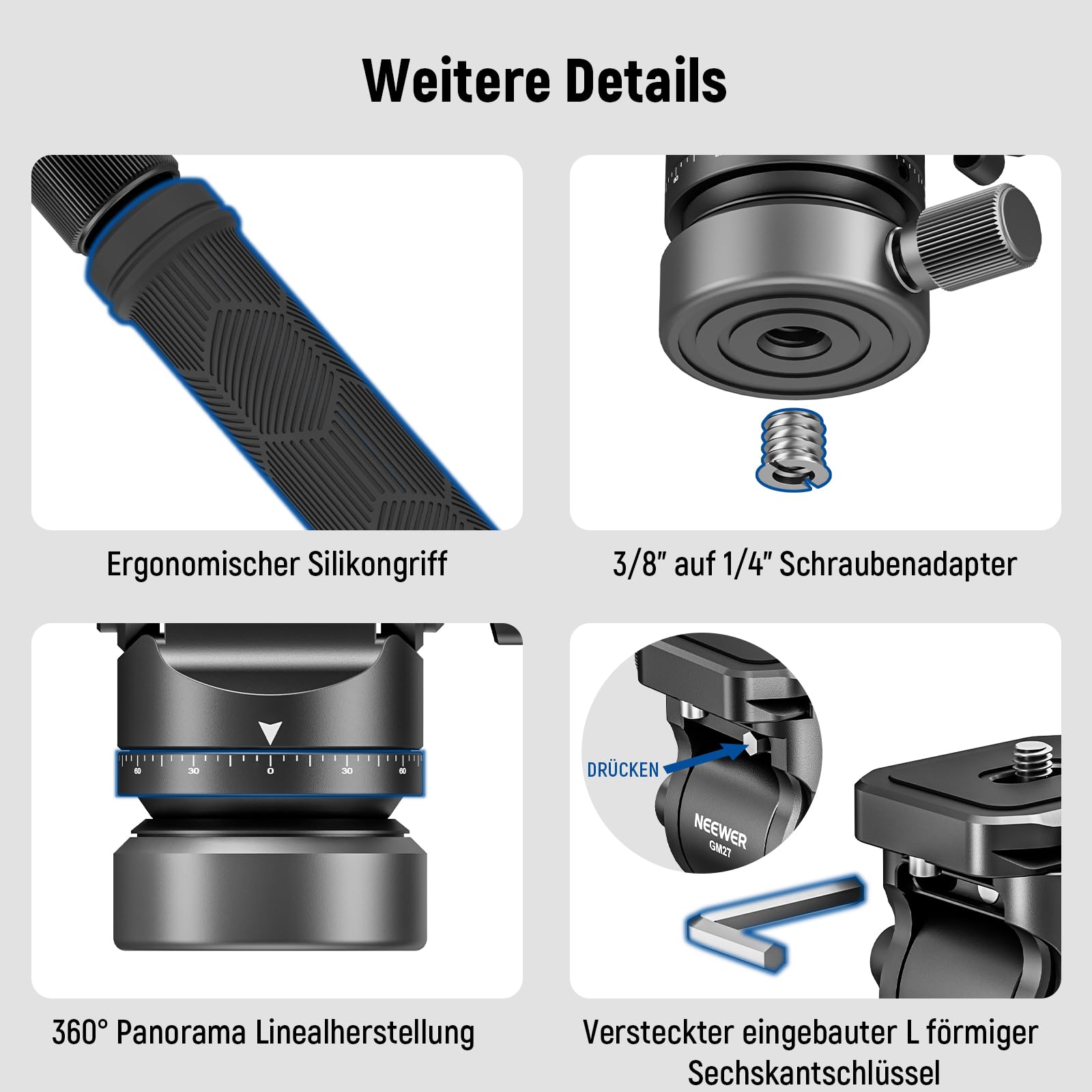 NEEWER Stativ Fluidkopf mit +/-10° Nivellierbasis, Metall Drag Pan Tilt Kopfhalterung mit Arca Typ Schnellwechselplatte, Teleskopgriff, Reinigungstuch für kompakte DSLR Kamera/Cam, max. Last 4kg, GM27