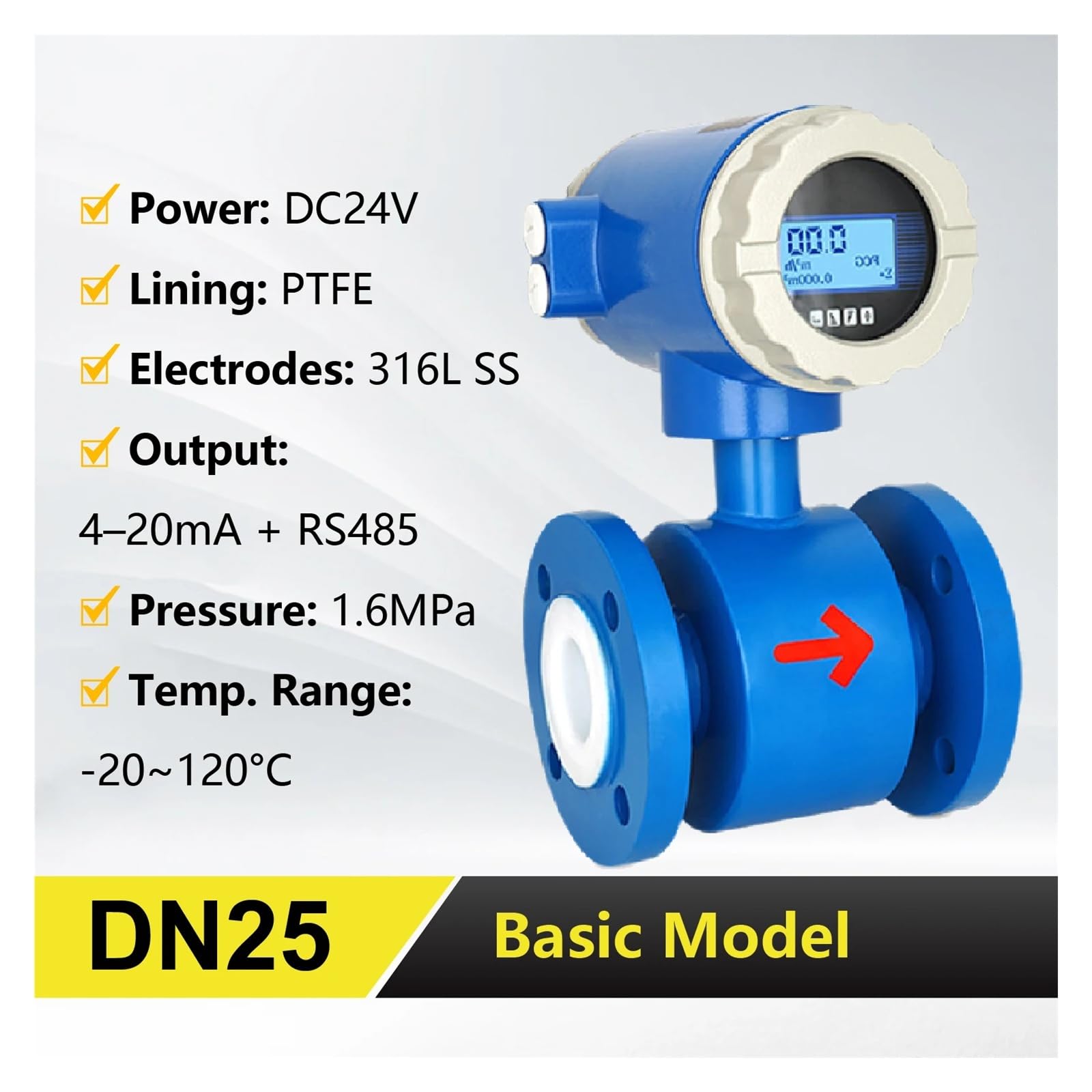 Caudalímetro electromagnético for aguas residuales, líquido de alcantarillado, en línea, 1,6 MPa, con pantalla LCD Garantizar la estabilidad(DN25-normal,220V)