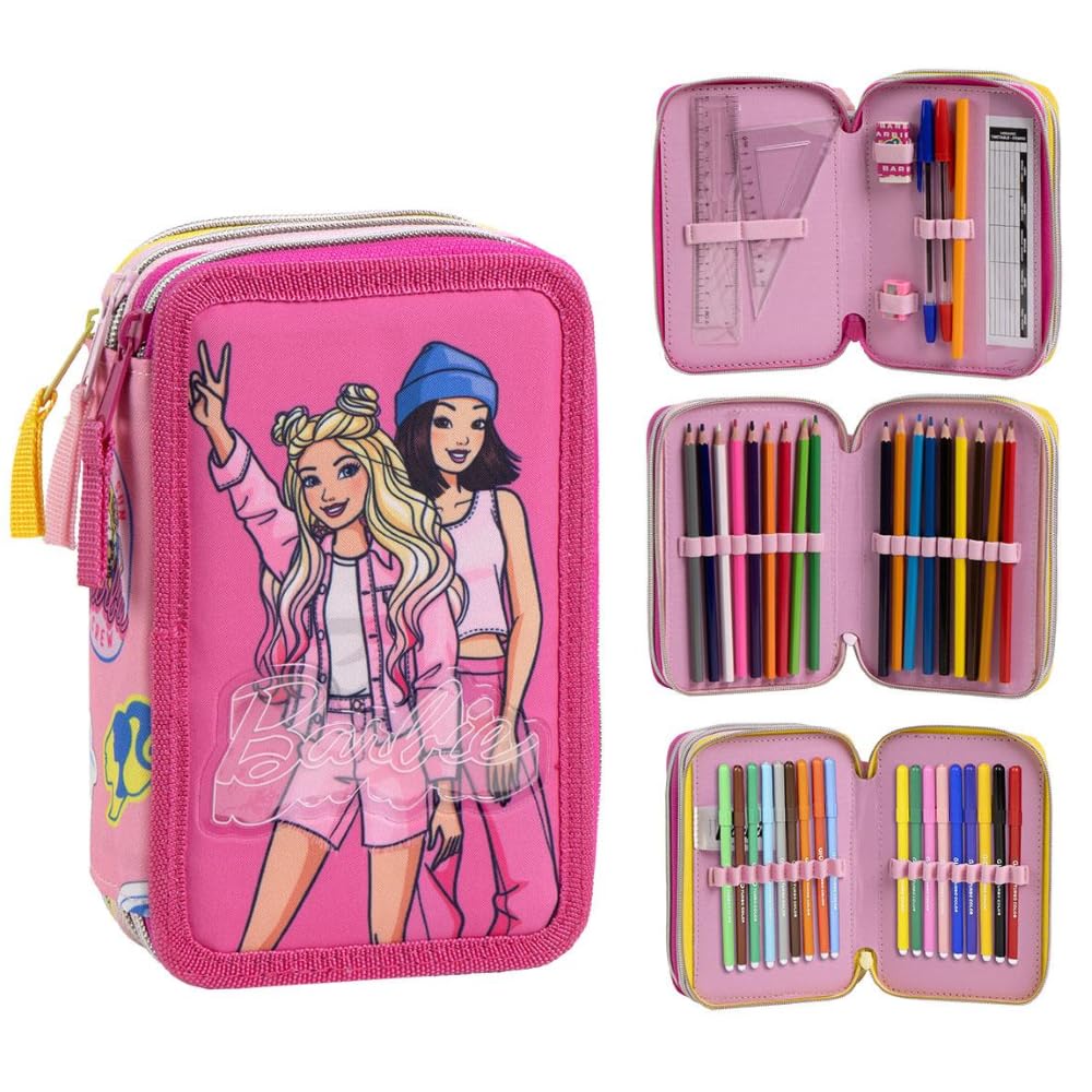 CARTOON School Pencil Case 3 Zip Triple Multi-Compartment Complete 44 Pieces Colours Giotto Children's Stationery, Barbie, 12,5 x 6,5 x 19,5 cm, Pencil Cases