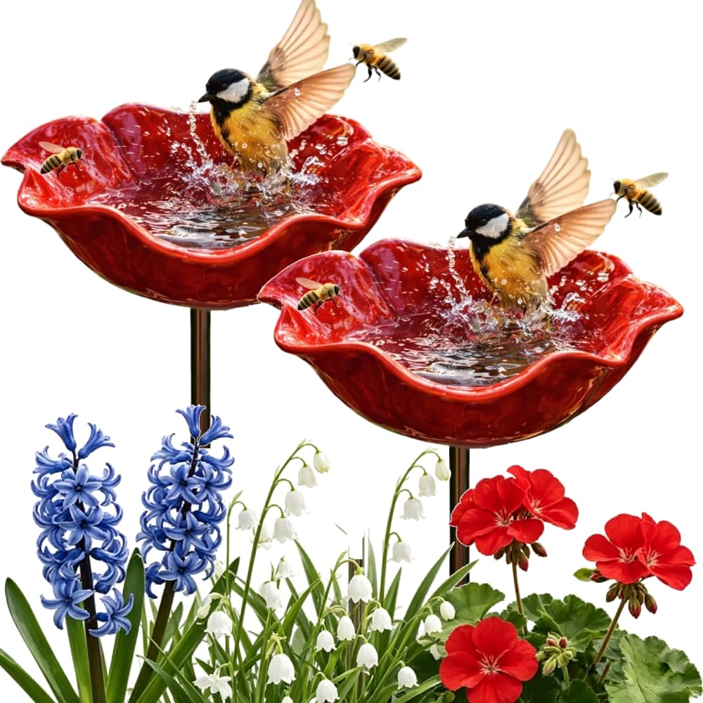 2Pcs Handmade Bird Metal Garden Stake with Flower Bowl, 2-in-1 Bee Watering Station for Outside Lawn, Yard, Patio AND Potted Plants, Decorative Bird Bath for Garden (red)