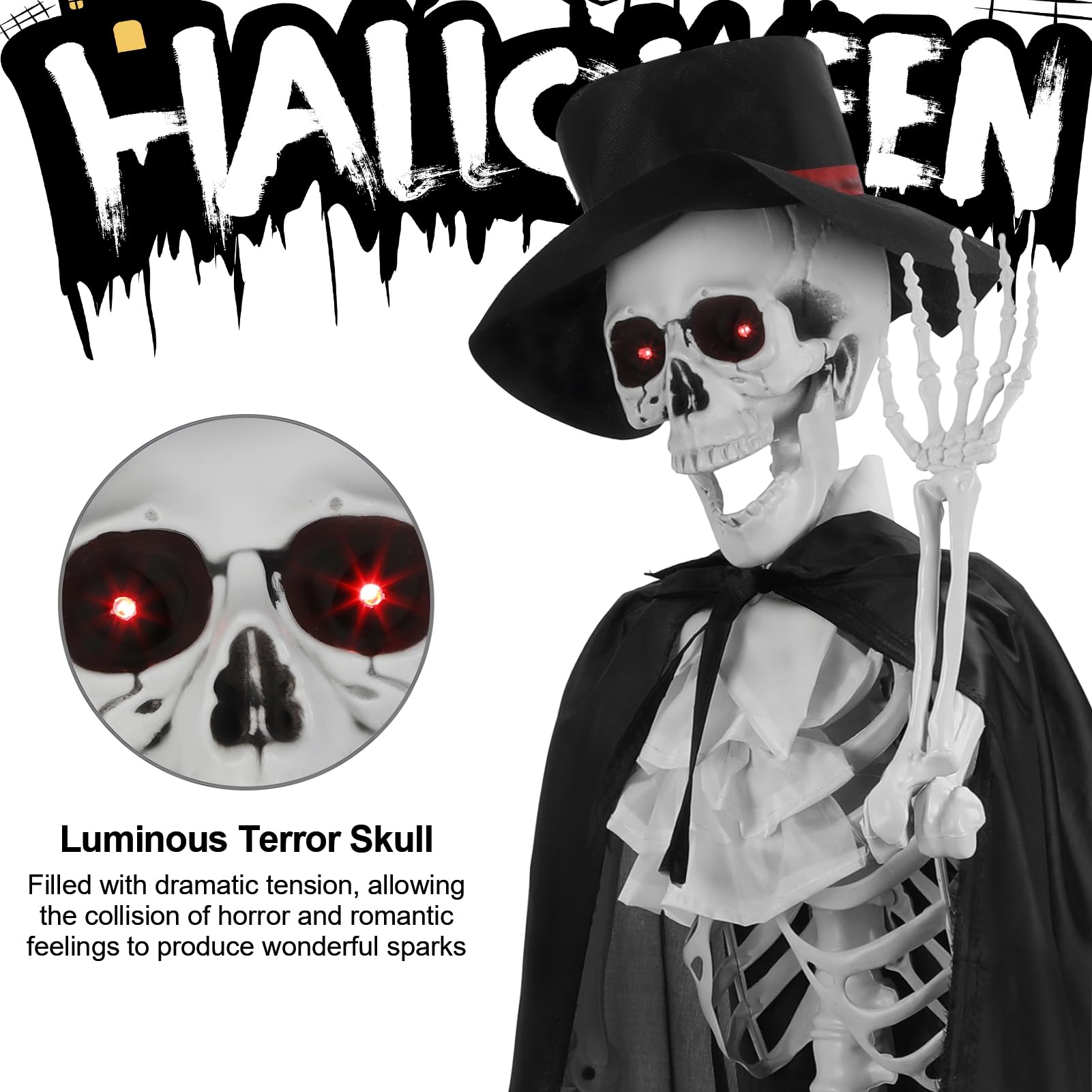 hatleues Szkielety panny młodej o długości 1,6 m ze świecącymi oczami, przerażający dźwięk, 1 para szkieletów na Halloween, możliwe szkielety z ruchomymi stawami, plastikowy szkielet para dekoracja na