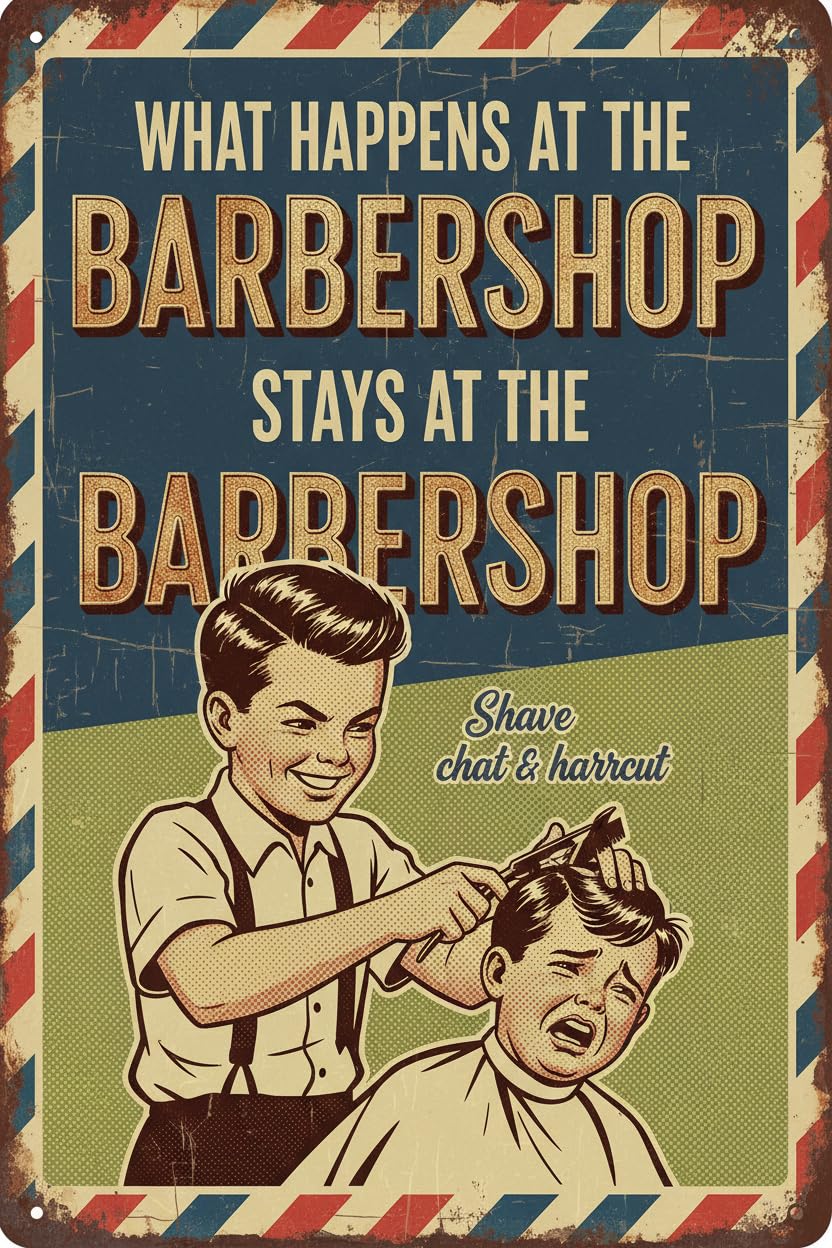 What Happens Barbershop Stays Tin Sign, 12x8 Inch