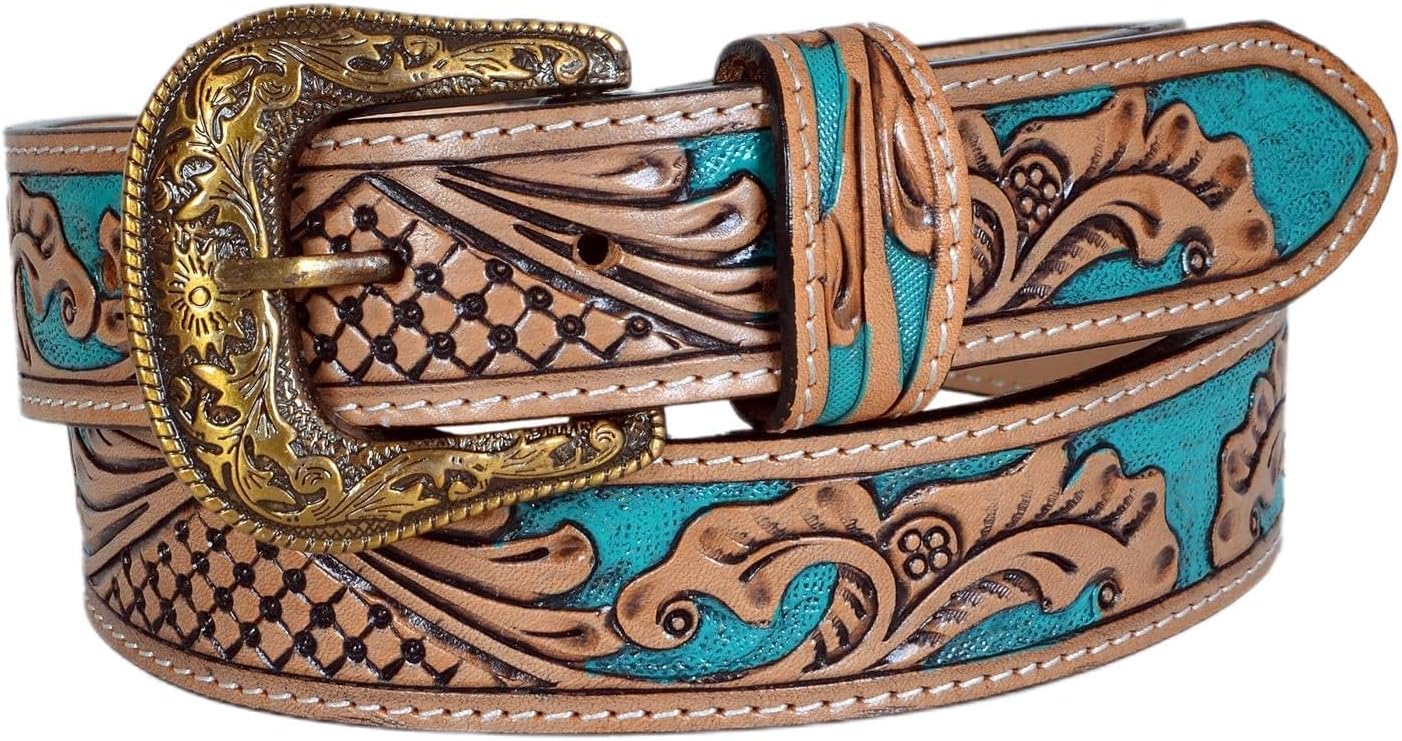 Affilare Western Leather Belt Tooled Belt with Removable Buckle Turquoise 30HQ001
