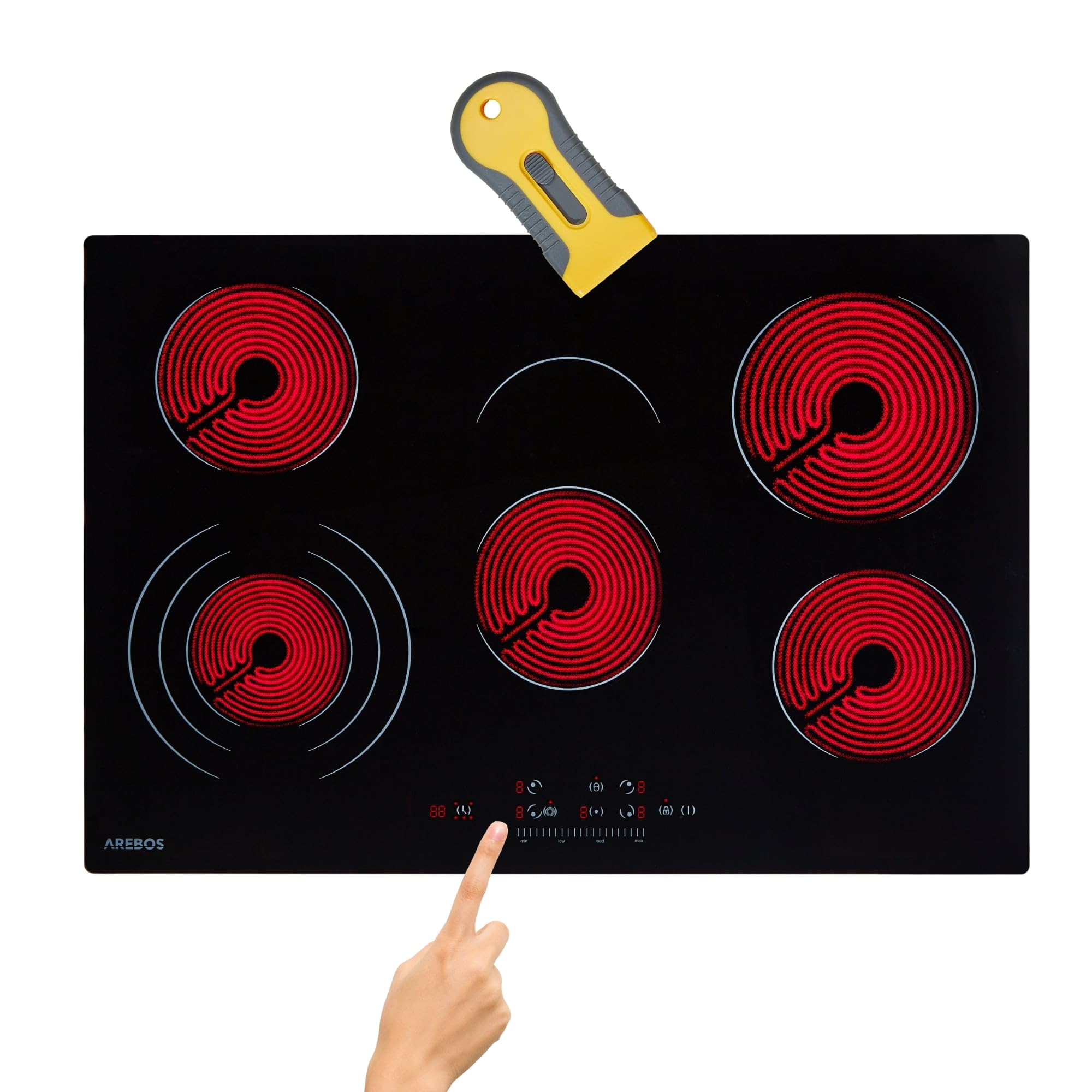 Arebos Glaskeramikkochfeld | 8700 W | 5 Kochfelder | 77 cm | autark | inkl. Dreiringzone und Bräterzone | mit Sensor Touch | Kindersicherung | Überhitzungsschutz | Autoabschaltung