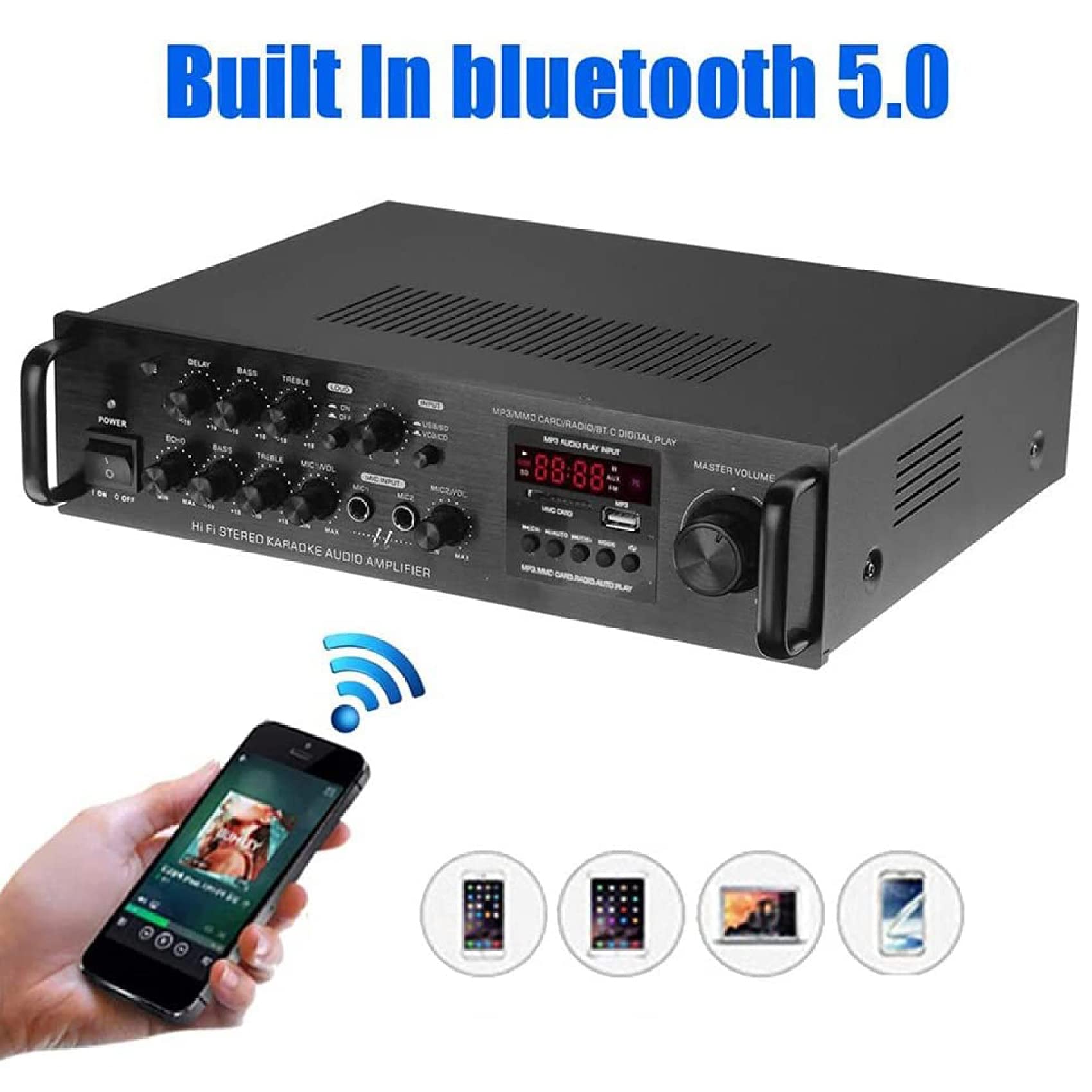 Amplificatore Domestico a 5 canali, Sistema Audio Surround HiFi con Bluetooth, Sistema Home Cinema con Display LCD e Telecomando, per Barca, teatro, Altoparlanti per Auto