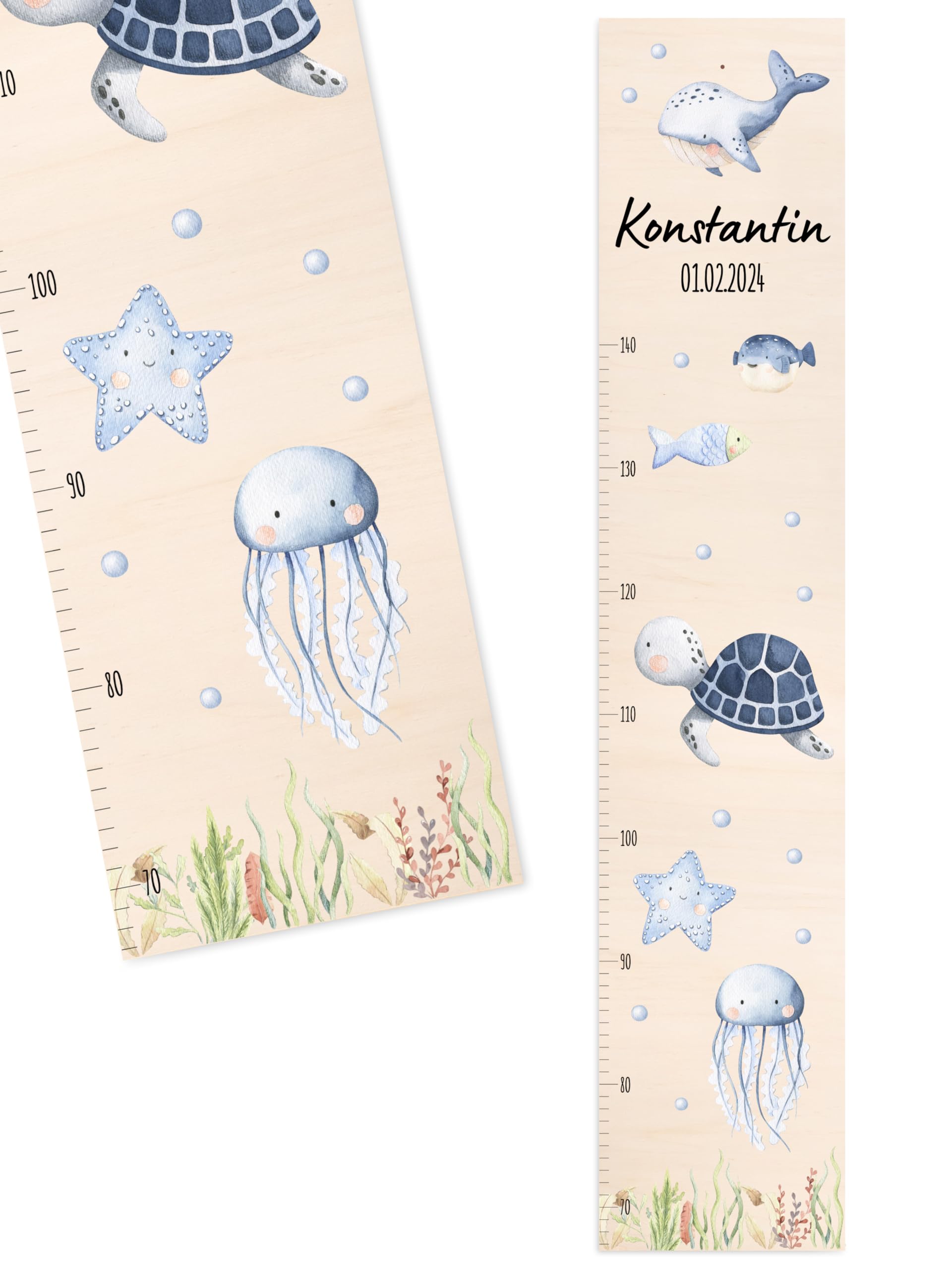 Bärenfreunde® - Personalisierte Messlatte Kind Holz zum Kleben oder Aufhängen - Skala 70-140cm - Süße Dekoration für Baby- & Kleinkinderzimmer (Kinder 70-140cm, Schildkröte blau)