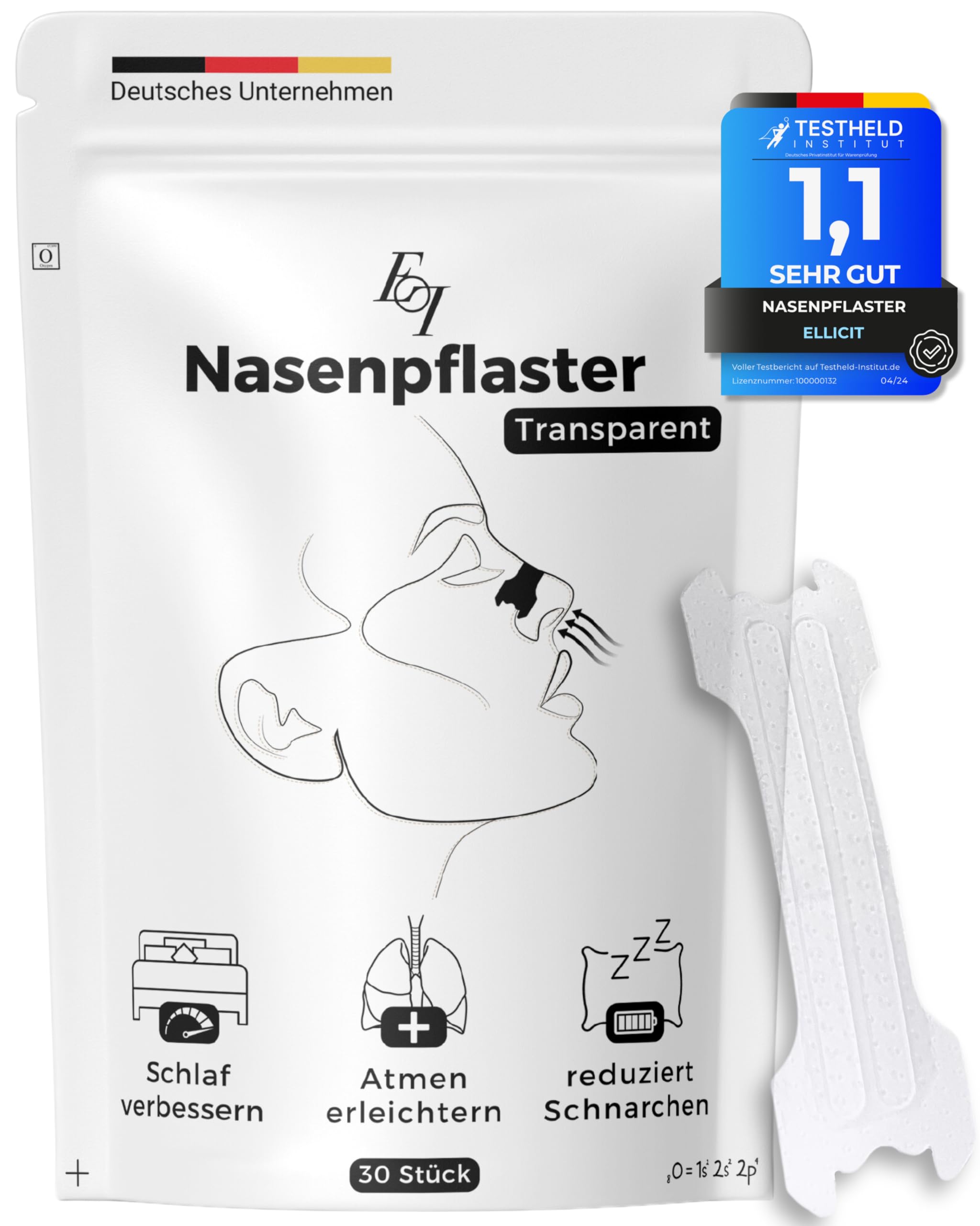 Ellicit Nasenpflaster Transparent, 30er Pack Premium Nasenstrips, gegen Schnarchen, Extra Halt für bessere Schlafqualität, besser Atmen bei verstopfter Nase, Nasal Strips [für jede Nase]