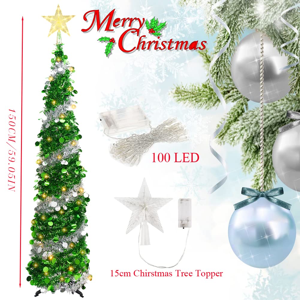Sapin de Noël artificiel pliable avec 100 lumières LED et étoile pour les vacances, le carnaval, les fêtes, les décorations de Noël (vert)