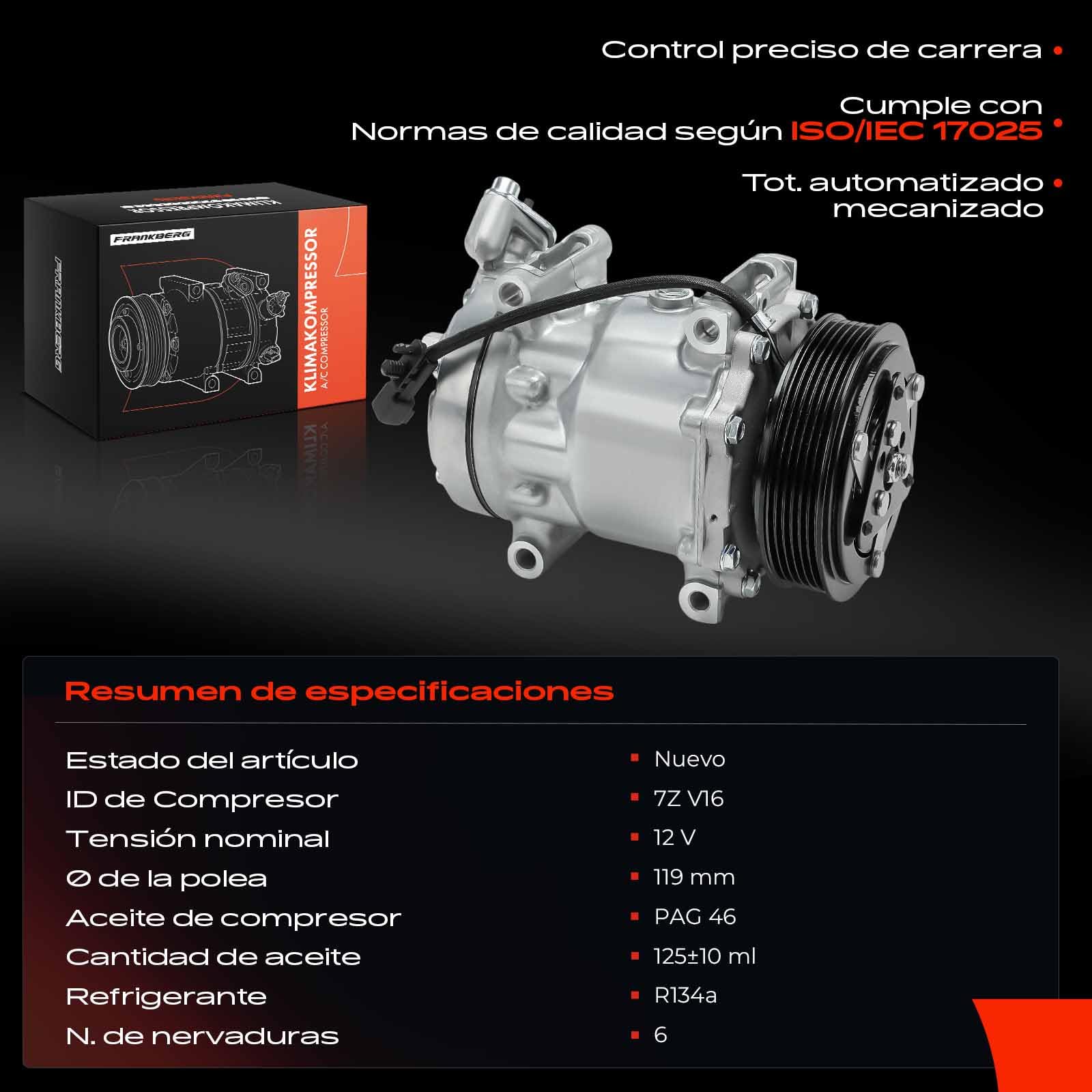 Frankberg Compresor de aire acondicionado con embrague Diesel Compatible con C-Max DM2 Fiesta V JD JH Focus II Fusion JU 3 BK V50 545 V70 III 135 Replace# 36000271, aceite premezclado