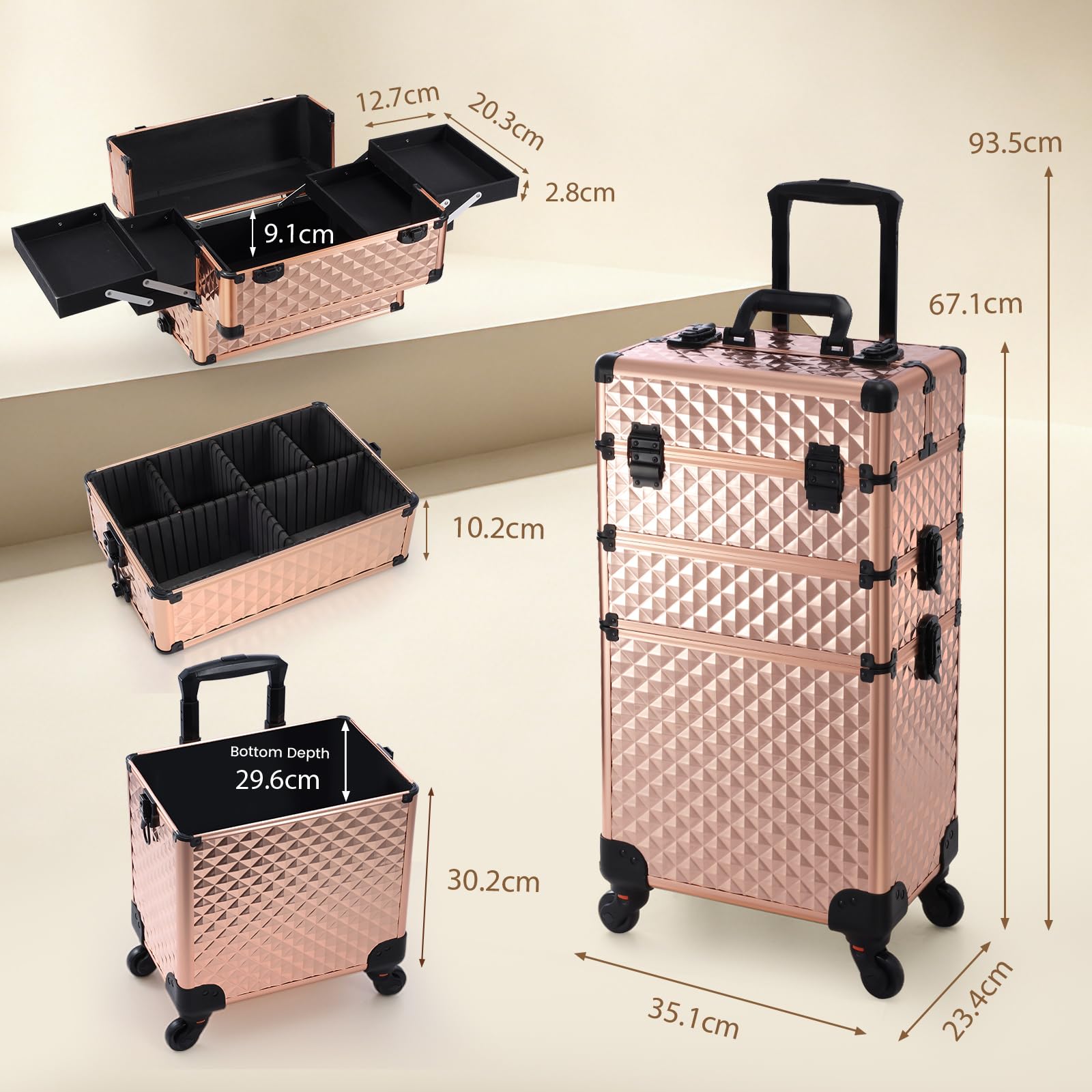 Kosmetik Trolley 3-in-1 Make up Koffer Kosmetikkoffer Schminkkoffer Groß Friseurkoffer mit Rollen Beauty Case Nagelkoffer Multikoffer, Rosegold