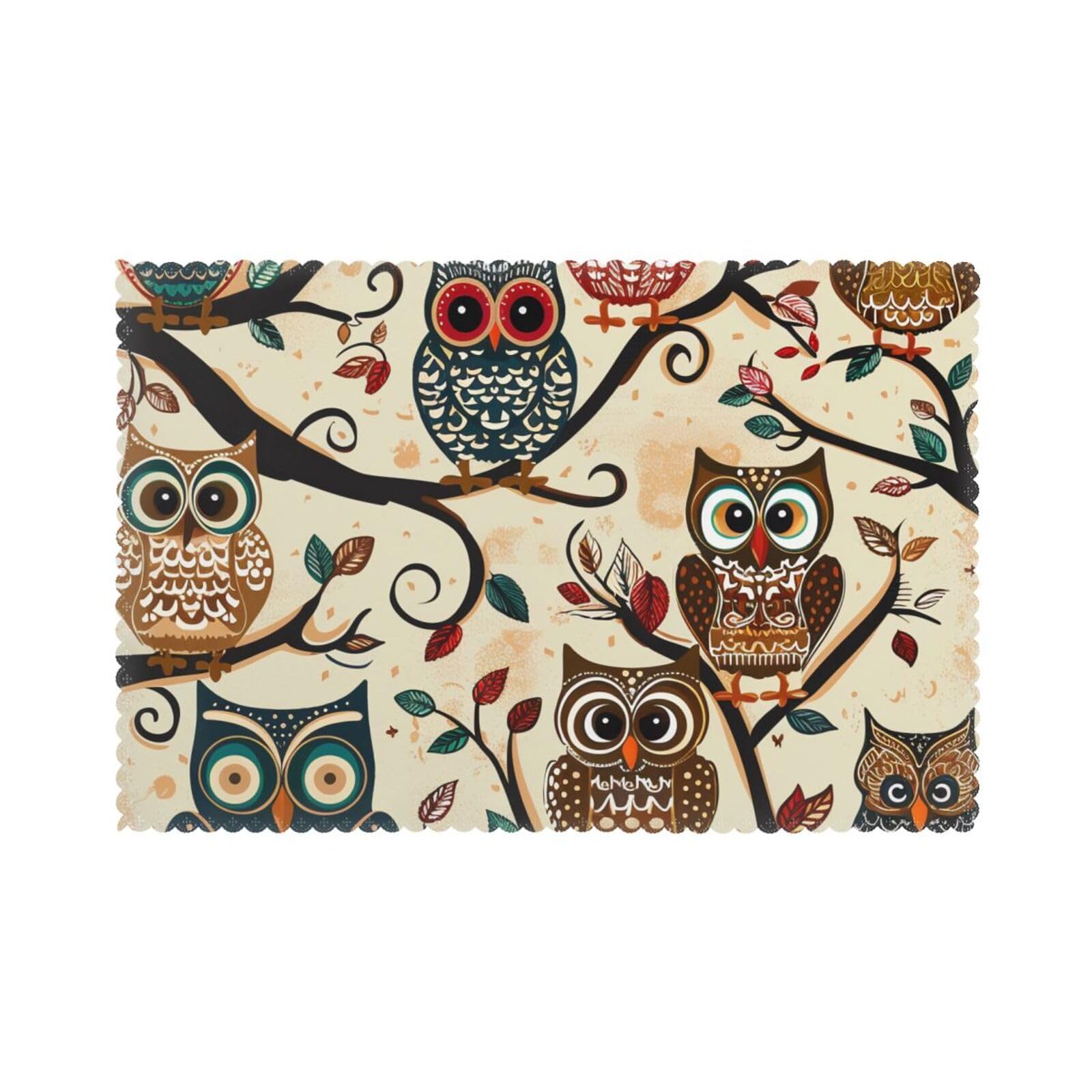 Owls on Tree Branches Printed Placemat Heat Resistant Place Mats Set of 6 PCS Washable Kitchen Table Mats, 12x18 Inch