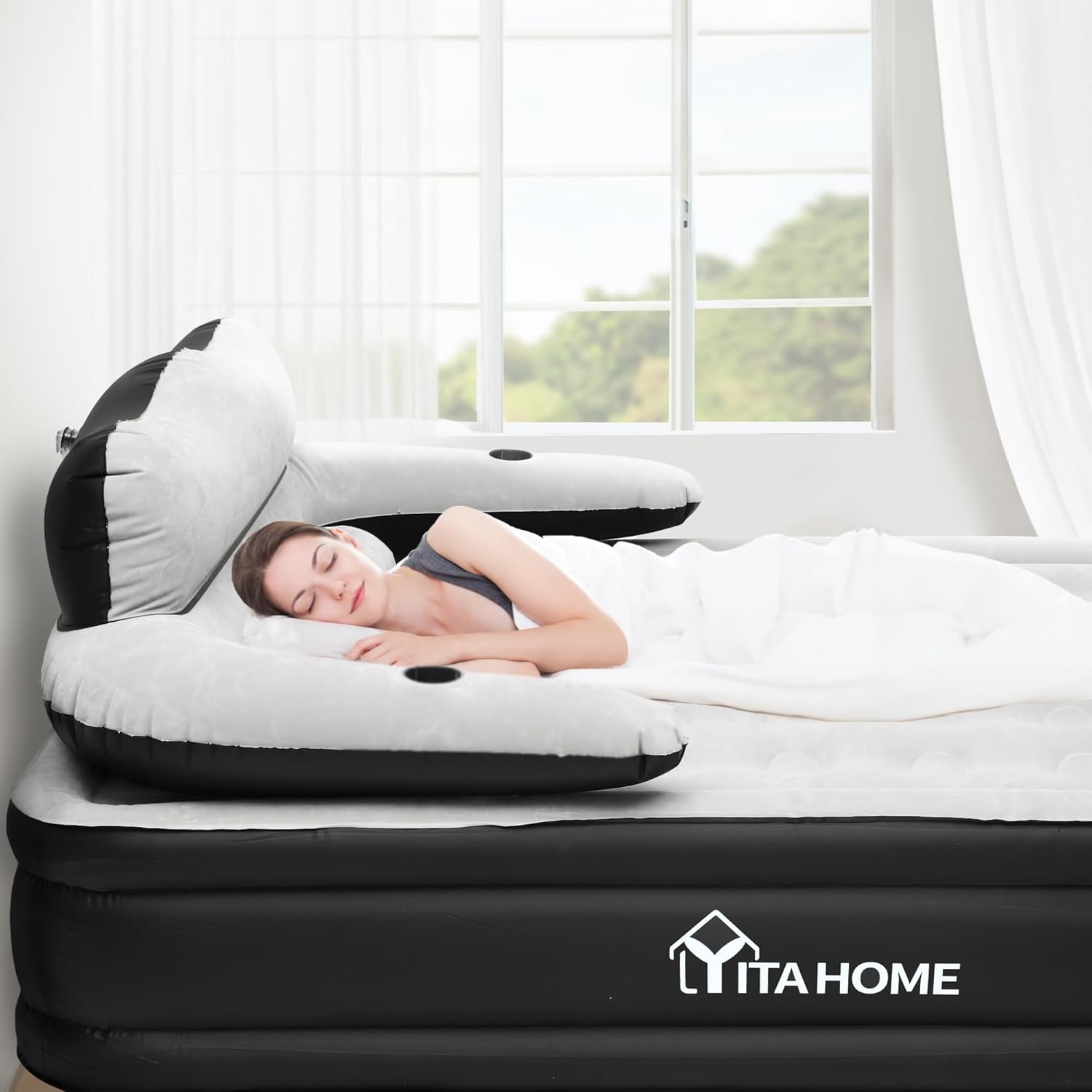 YITAHOME FullXL Size Air Mattress with Headboard, 18in Inflatable with Pillow, Blow Up Mattress with Pump, Comfort Air Bed Queen for Camping & Home, Black