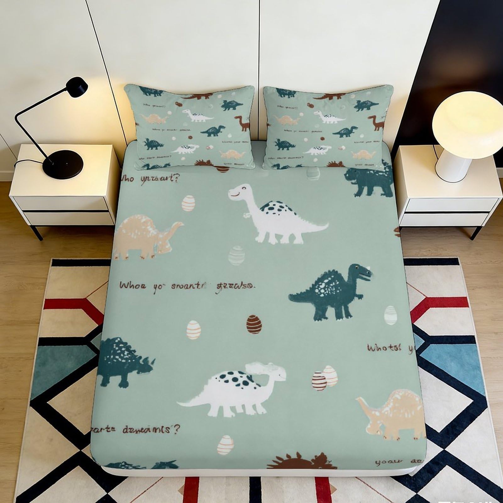 3D Printed Dinosaur Cartoon Fitted Sheet Microfiber Mint Green Bed Cover Anti-Slip Easy Care for Bedroom Guest Room 90x200x25cm