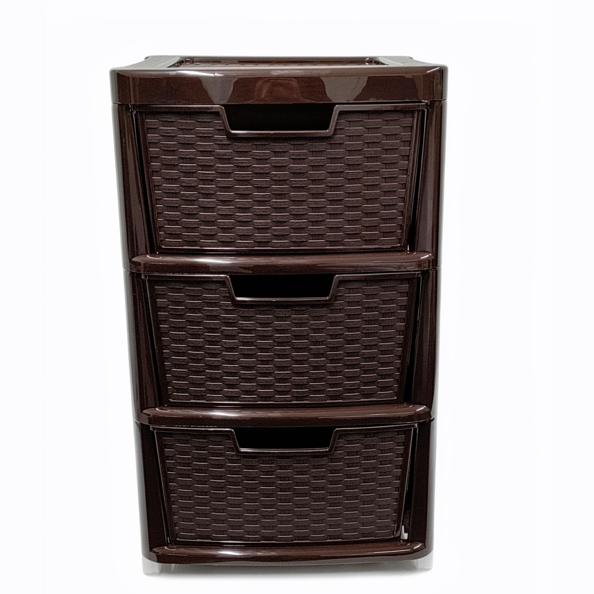 ALEEZ - Large Plastic Drawer Storage Unit - Rattan Effect 3 Drawer Cabinet - Multipurpose Storage Organiser - Office, Tabletop Desktop Drawer - Bedroom Chest Drawer Unit - (Chocolate Brown, 3 Drawer)