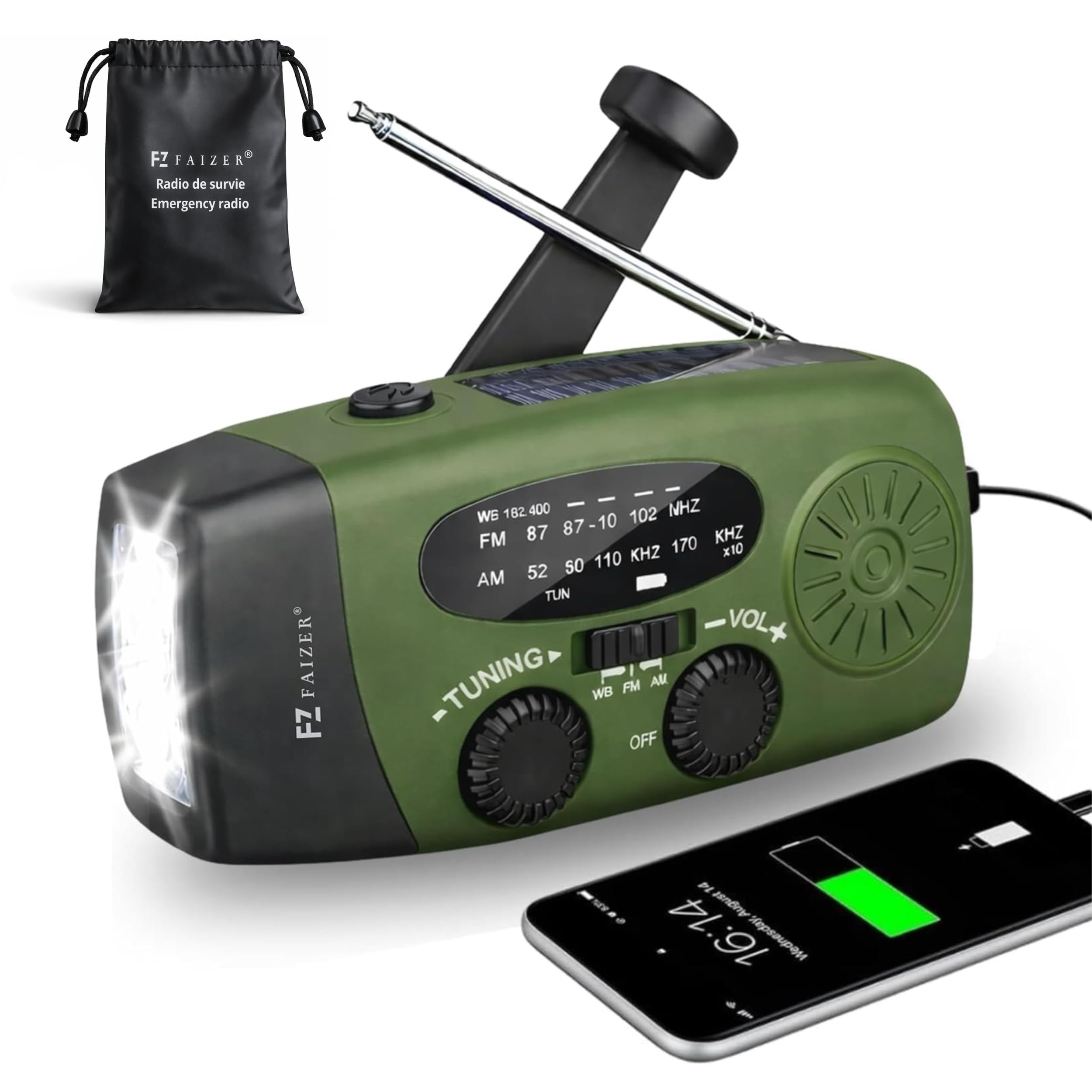 Radio Portable Urgence, AM/FM/WB Radio de Secours Auto-alimentée, Kit de Survie Complet, 2000mAh, Radios Dynamo à Manivelle avec Lampe de Poche, Fonction SOS, Powerbank, Camping, Randonnée (Vert P4)