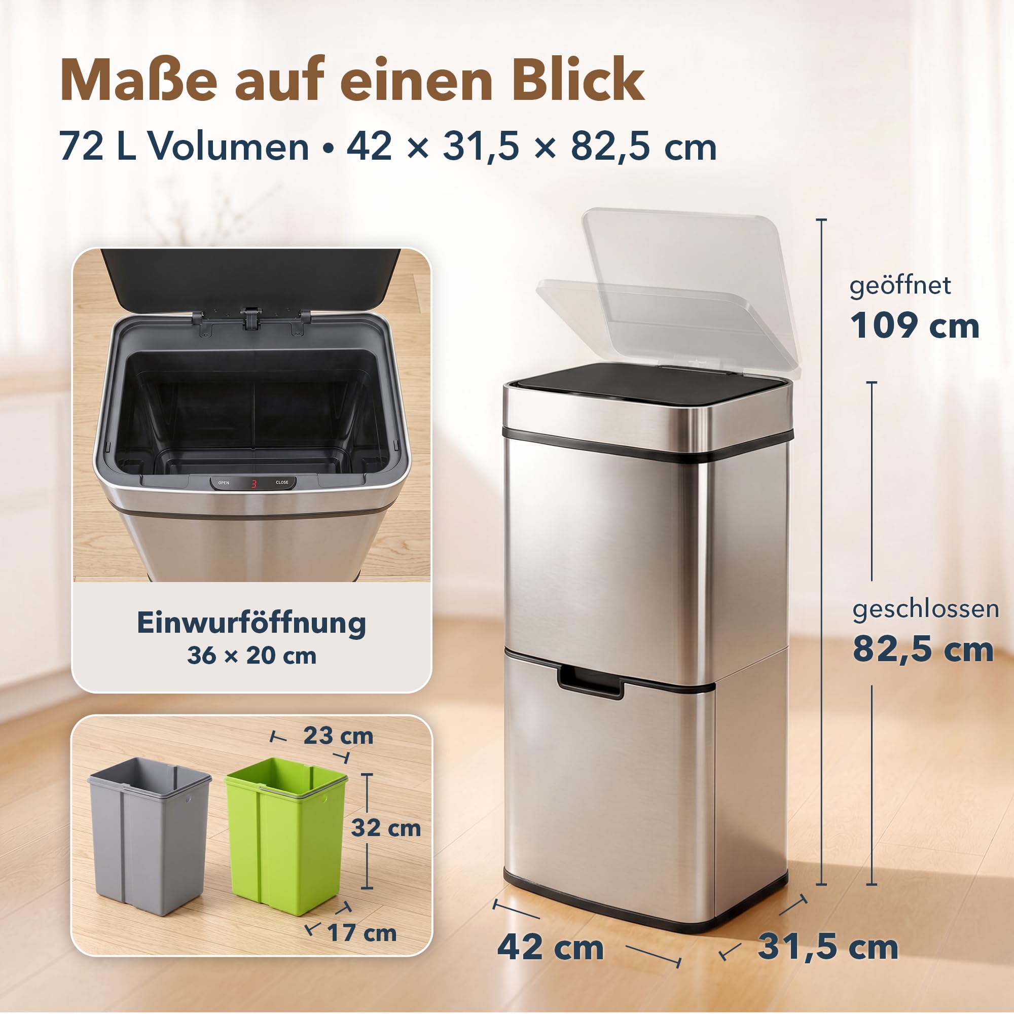 ledscom.de SORTA Sensor Mülleimer 72L, 3-Fächer Mülltrennsystem | Edelstahl, 3 Kammern: 47 L + 2×12,5 L, berührungslos, 5 Sek.-Auto-Close, herausnehmbare Inneneimer, 42 × 31,5 × 82,5 cm