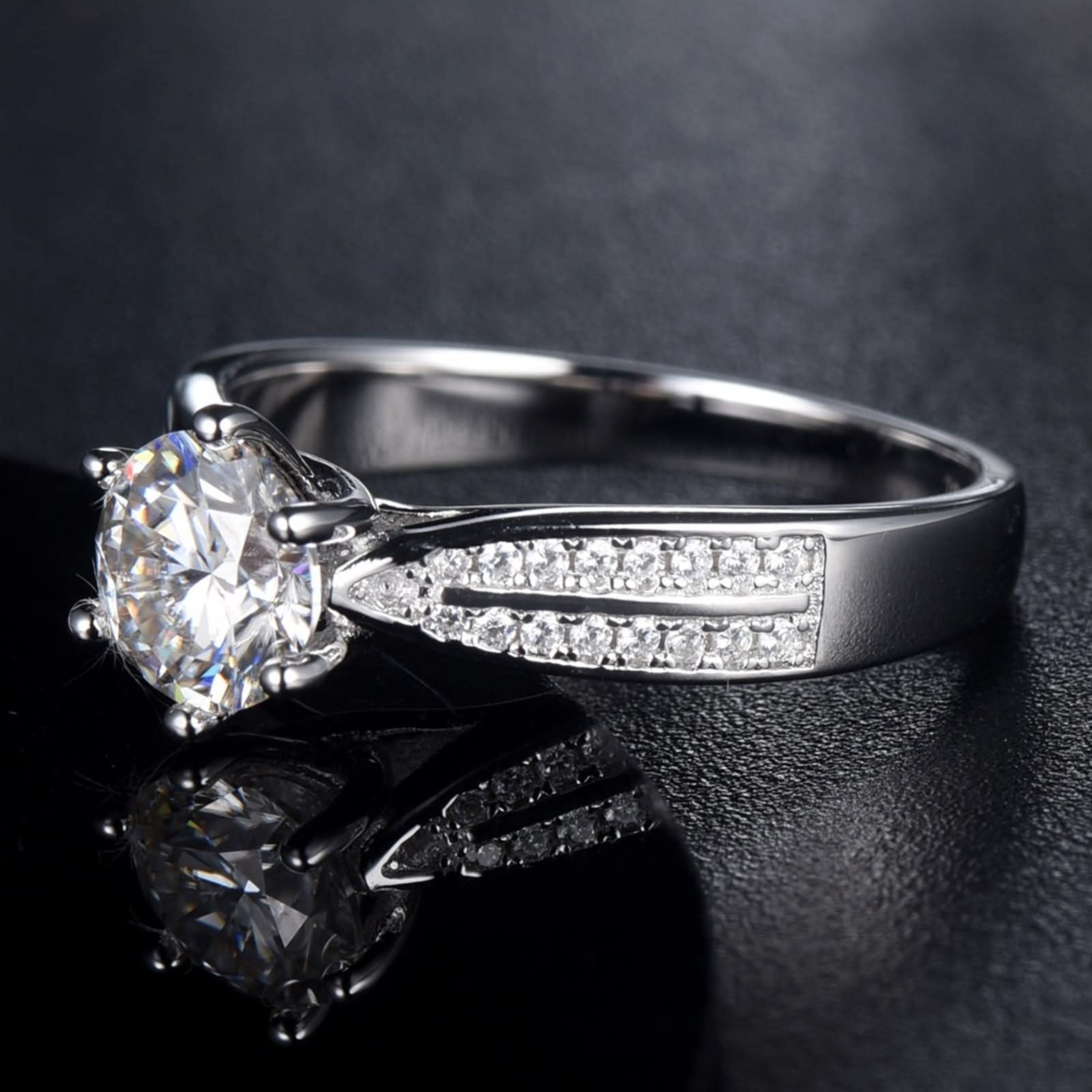 Juego de Anillos de Compromiso, Anillos Plata Mujer Diseño de Solitario de 6 Puntas. con Blanco Redonda Moissanita Plata de Ley 925
