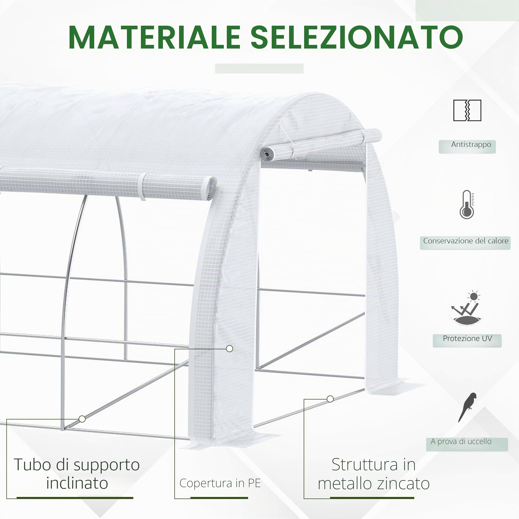 Outsunny Serra da giardino 18 m² dom. 6L x 3L x 2H m con porta + pareti laterali con cerniera arrotolabili, 12 finestre, acciaio PE ad alta densità 140 g/m² anti-UV, bianco