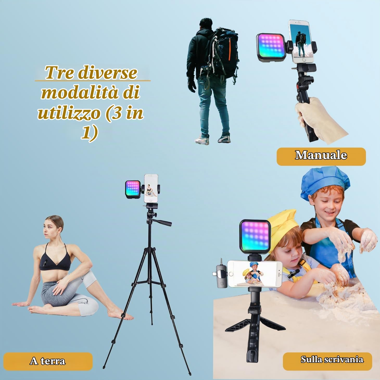 Vlogging Kit, Kit di Vlogging, Supporto per Cellulari, Treppiede Compatibile iPhone Android Fotocamera, per Tiktok, Youtube, w/Microfono wireless/RGB Luce/Remoto/Tripiede Estensibile