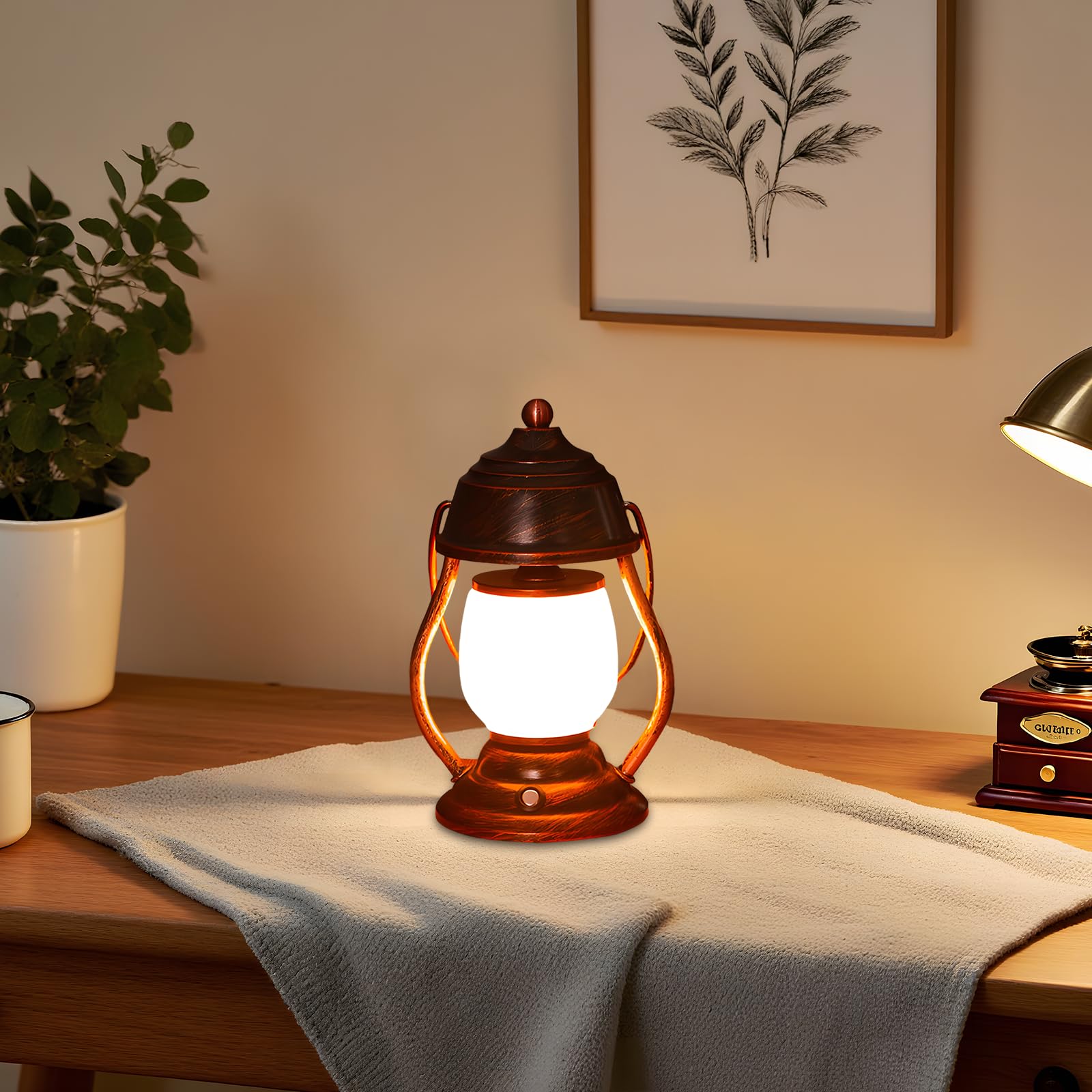 Dekoracyjna latarnia LED, 24 cm, retro, ładowalna latarnia z migoczącym płomieniem LED, lampa stołowa zasilana bateriami, żelazna artystyczna dekoracja, brąz, ciepłe światło do dekoracji domu i biura