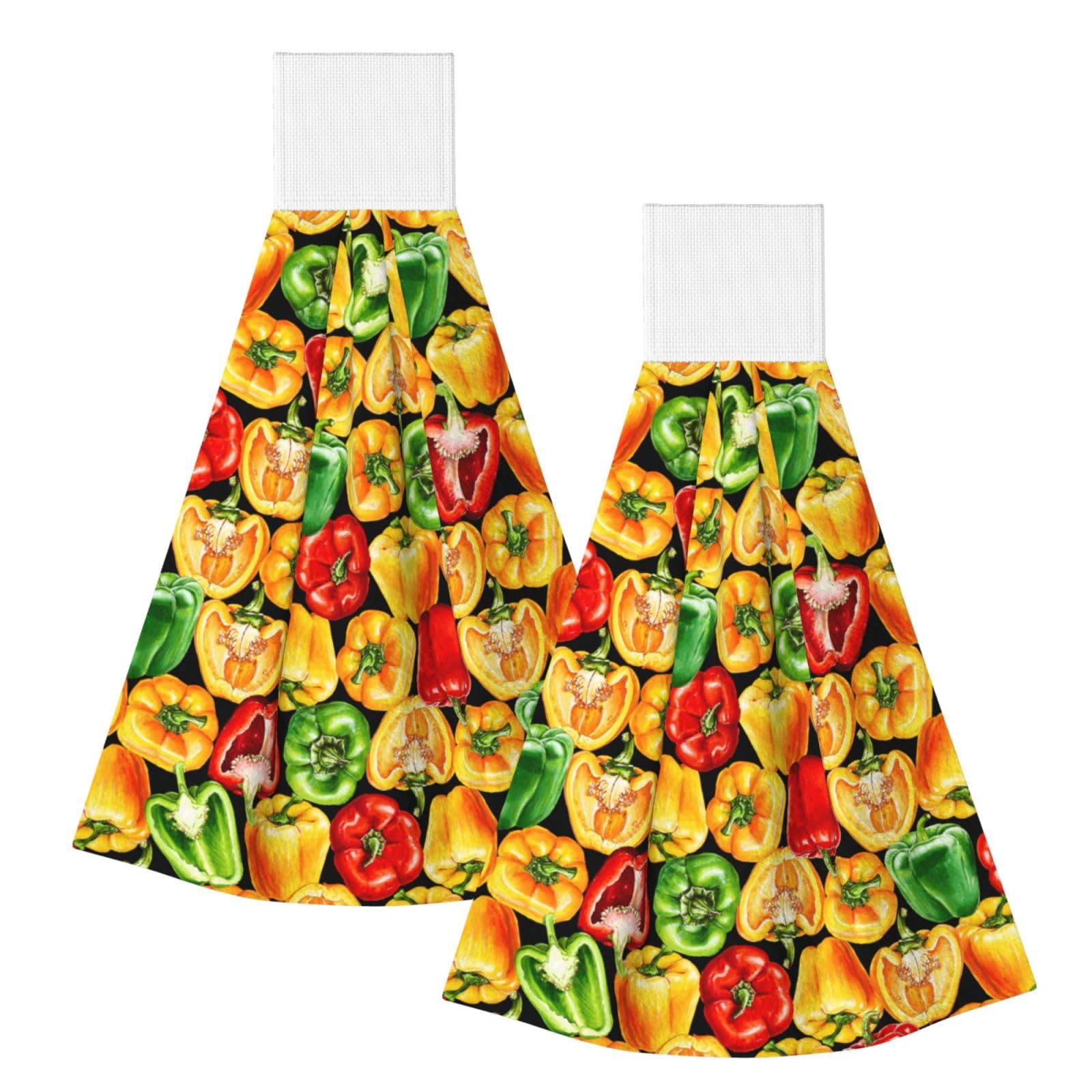 DOPKLNA Watercolor Bell Pepper, 2 Pcs Hanging Coral Fiber Hand Towels for Bathroom, Absorbent Kitchen Towels