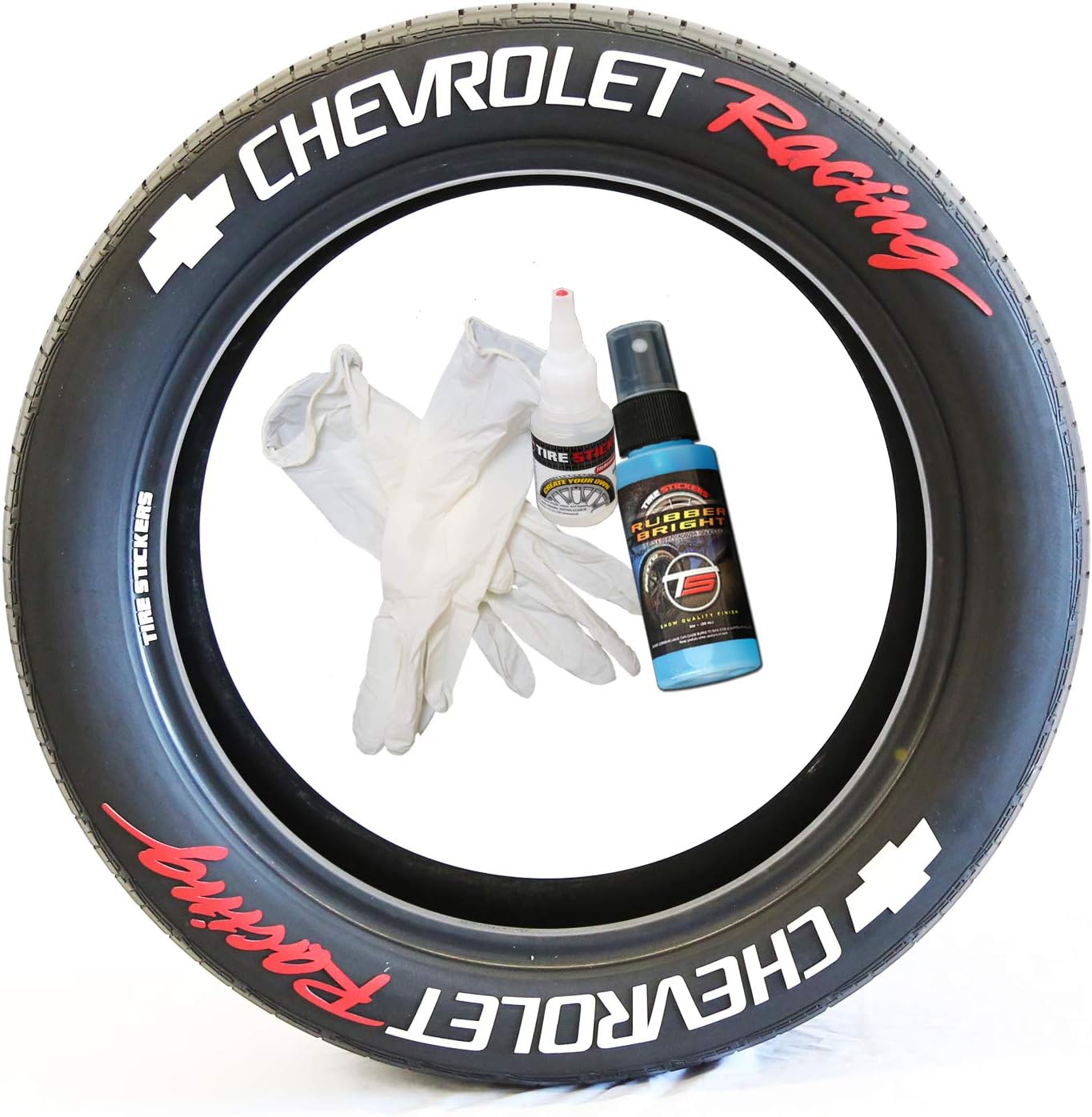 Tire Stickers Chevrolet Racing - DIY Permanent Rubber Tire Lettering Kit with Glue & 2oz Bottle Touch-Up Cleaner / 19-21 Inch Wheels / 1.25 Inches/White/Red / 8 Pack