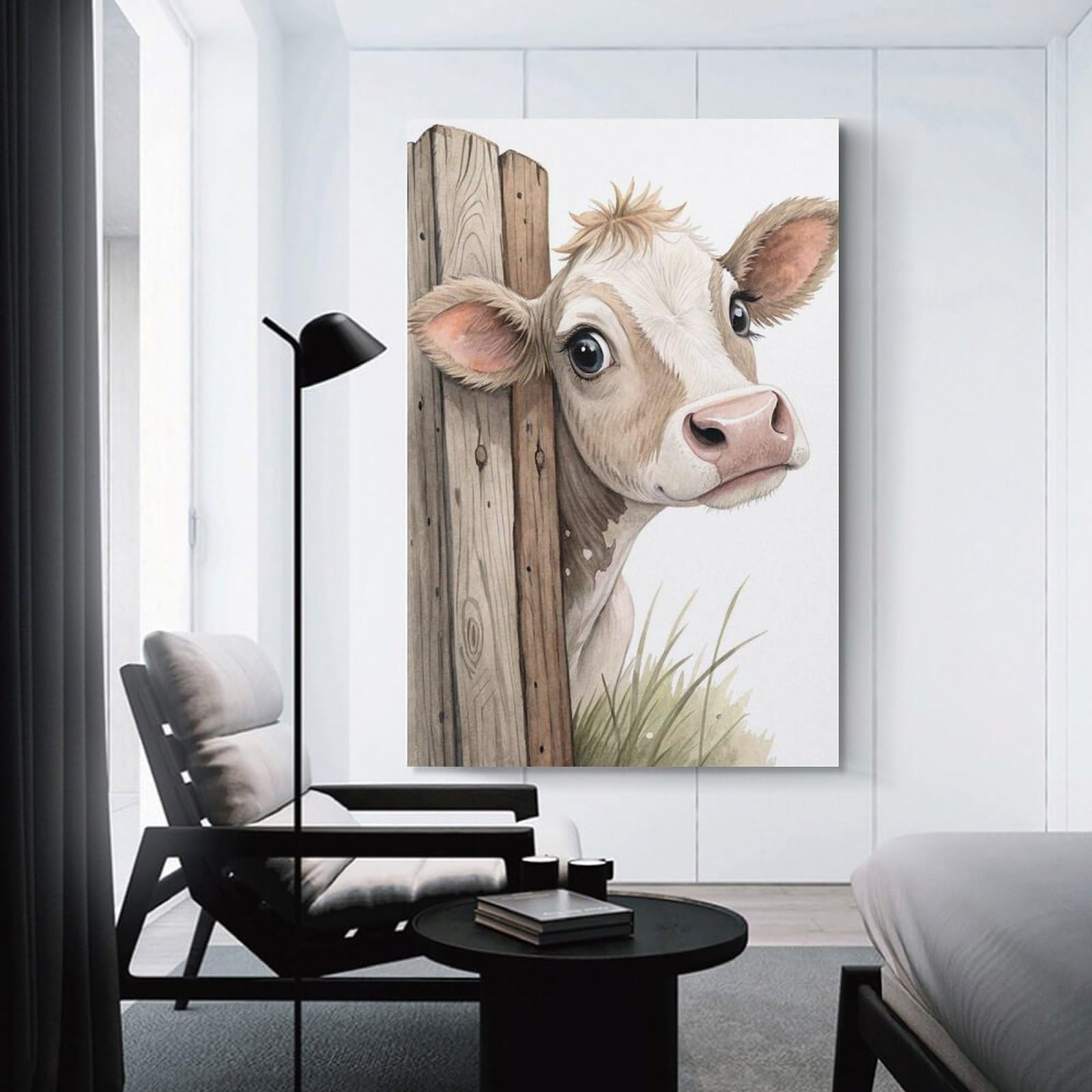 Junmoney Cute Cow Peeking Behind Fence Wall Art Print, 24x36inch(60x90cm), for Bedroom Decor, Cosy Corners Or Studios, Decorative Wall Art for Cosy Rooms