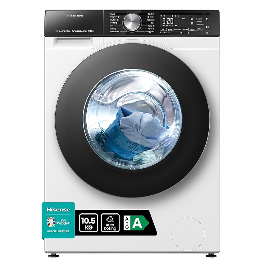 Immagine del prodotto Hisense WF5S1045BW - Lavatrice a Carica Frontale 10,5 Kg, 1400 rpm, 15 Programmi, Autodose, Connectivity, Vapore, Display Touch, Porta doppio vetro, Programma Rapido, Partenza Ritardata, Child Lock