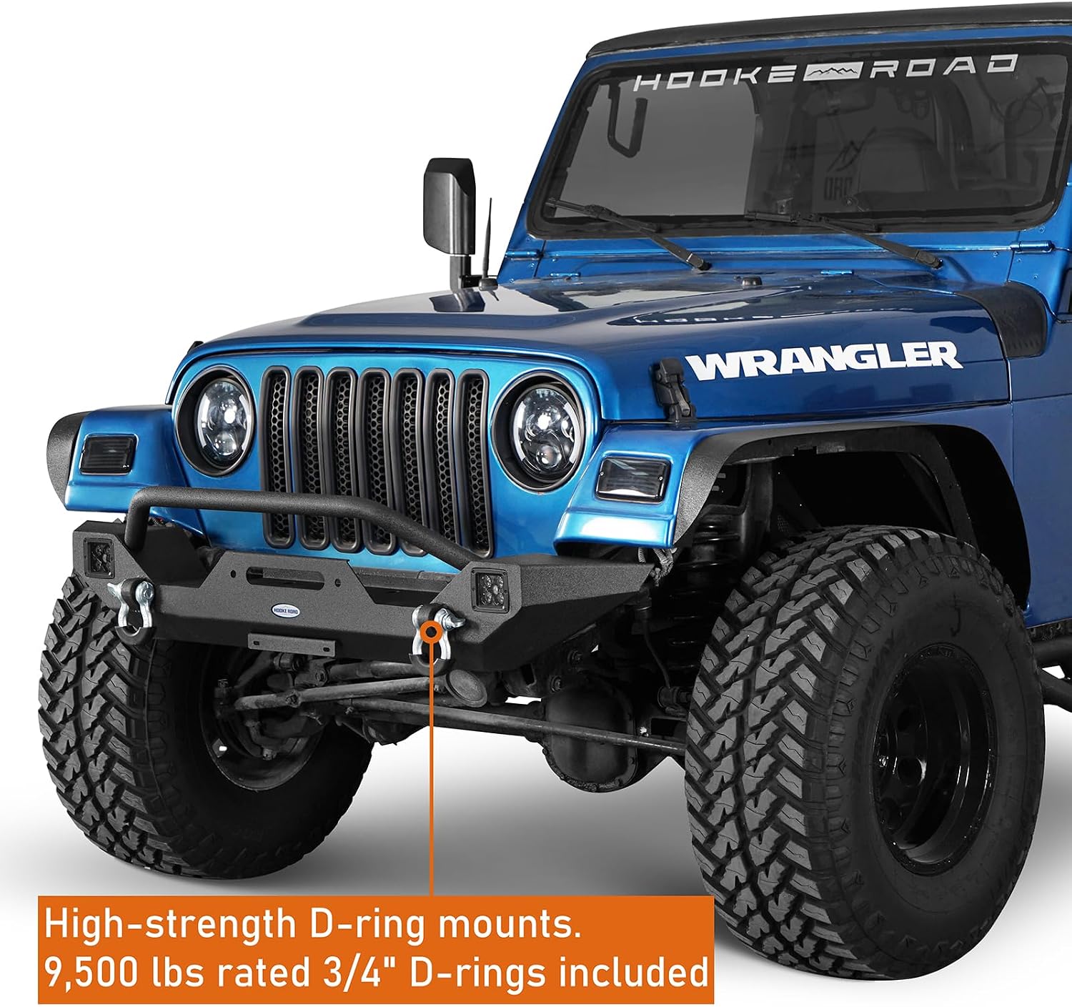 Hooke Road Wrangler TJ Front Bumper with Winch Plate & LED Lights & D-Rings for 1987-2006 Jeep Wrangler YJ TJ