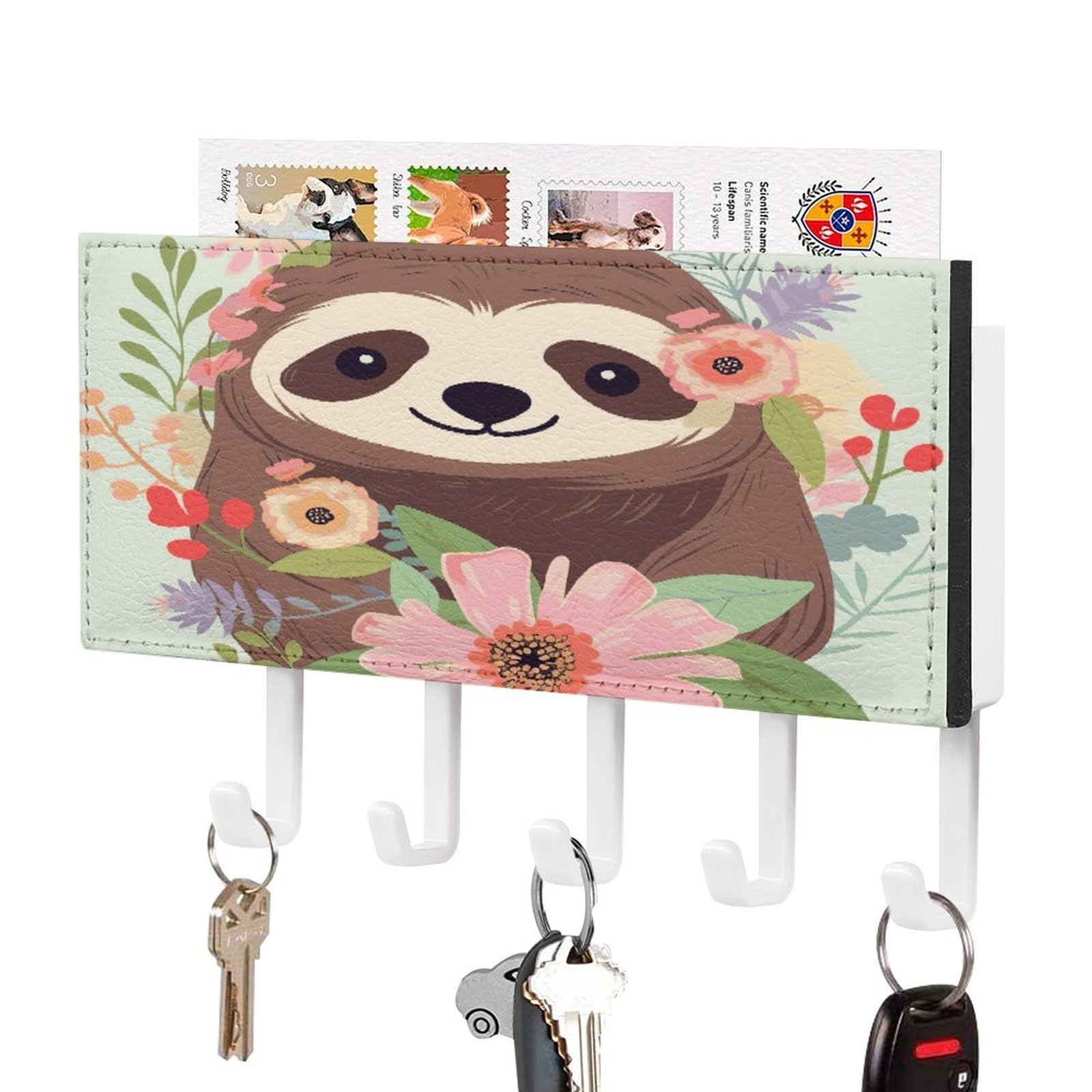 LDGSUPH Sloth and Flowers Key Holder Wall Mount Key Hanger with 5 Hooks Fashion Key Organizer Rack Hanging Key Hooks with Mail Organizer Key Rack for Home Entryway Hallway White-Style