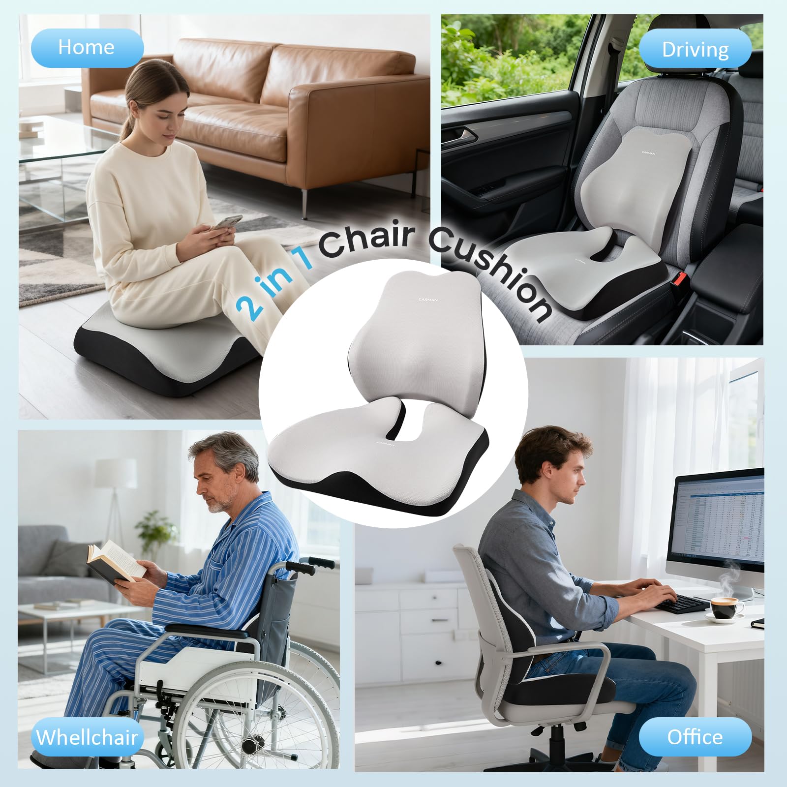 Cuscino per seduta e schienale, cuscino ortopedico per alleviare la pressione per il coccige, cuscino ergonomico per coccige, memory foam per ufficio e auto