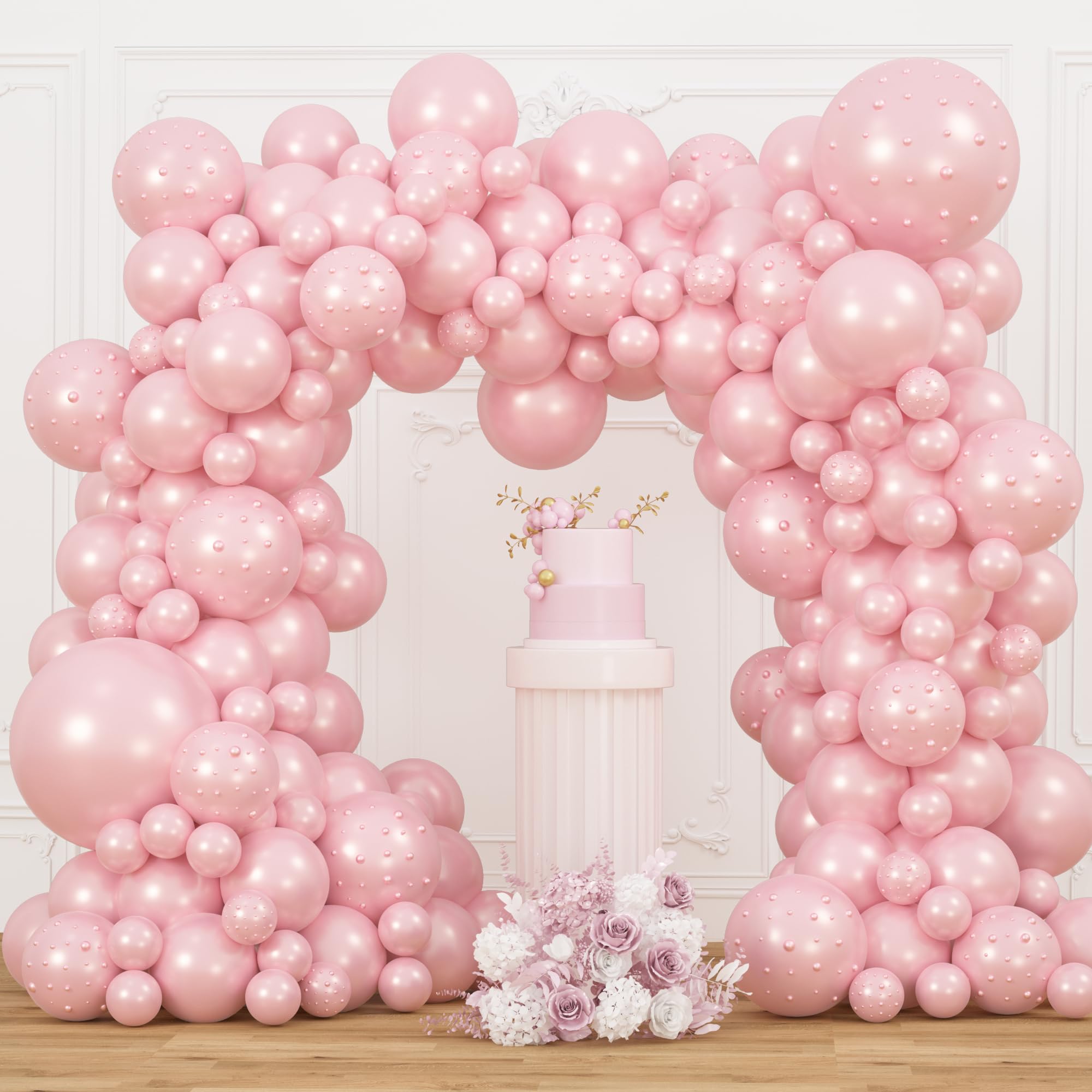 JZCZOEB Double Stuffed Pearl Pink Balloons Different Sizes 116Pcs 5/10/12/18 Inch Light Pink Pearl Balloons Arch Garland Kit with Pearl Stickers for