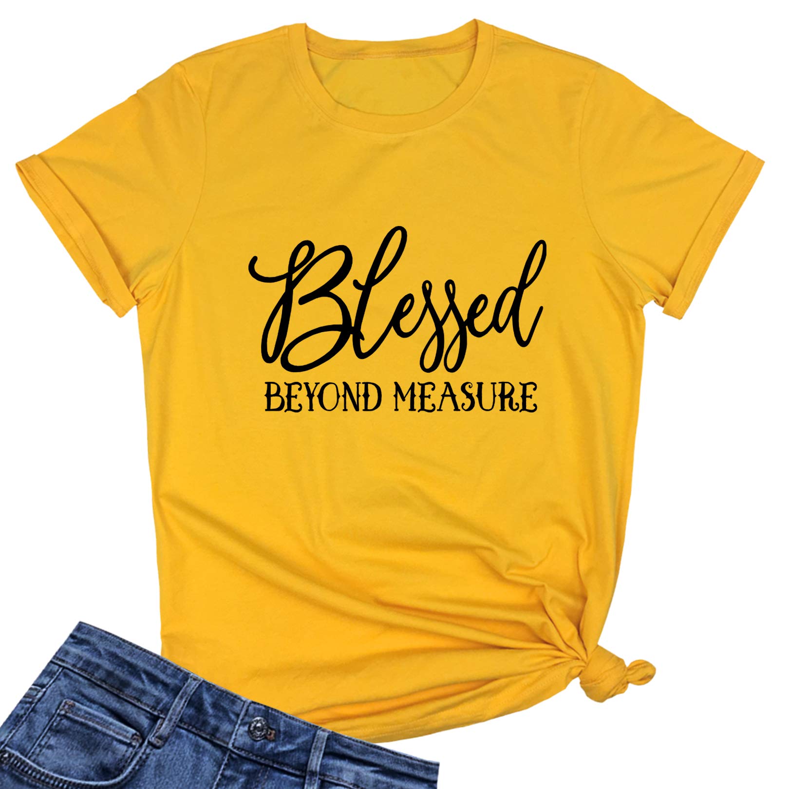 LOOKFACE Camisetas divertidas y lindas con texto en inglés "Blessed Beyond Measure" para mujer (ideas de regalo)