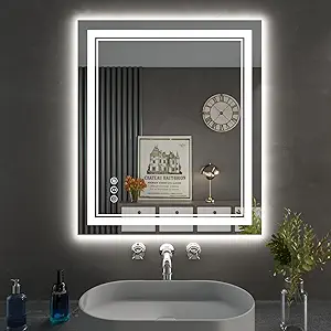24 x 28 Inch LED Bathroom Mirror, Front Light and Backlit Anti-Fog Dimmable Memory Lighted Vanity Mirror, Shatterproof Wall-Mounted Led Mirror for Bathroom