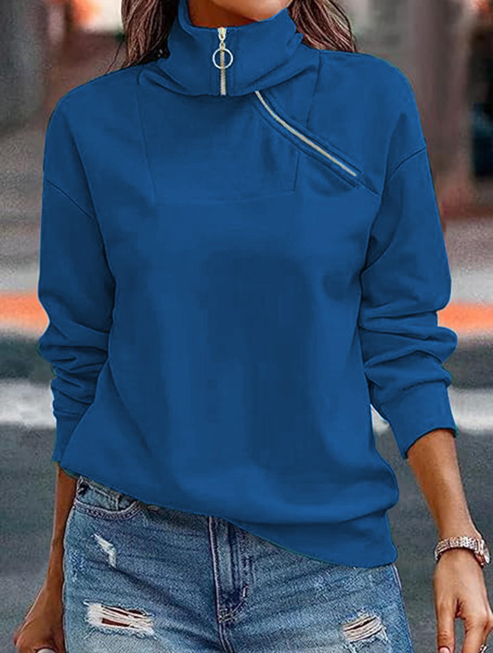 Cuptacc Felpa Donna Mezza Zip Scollo a V Maglia Donna Manica Lunga Casual Tinta Unita Autunno Camicia Donna Elegante