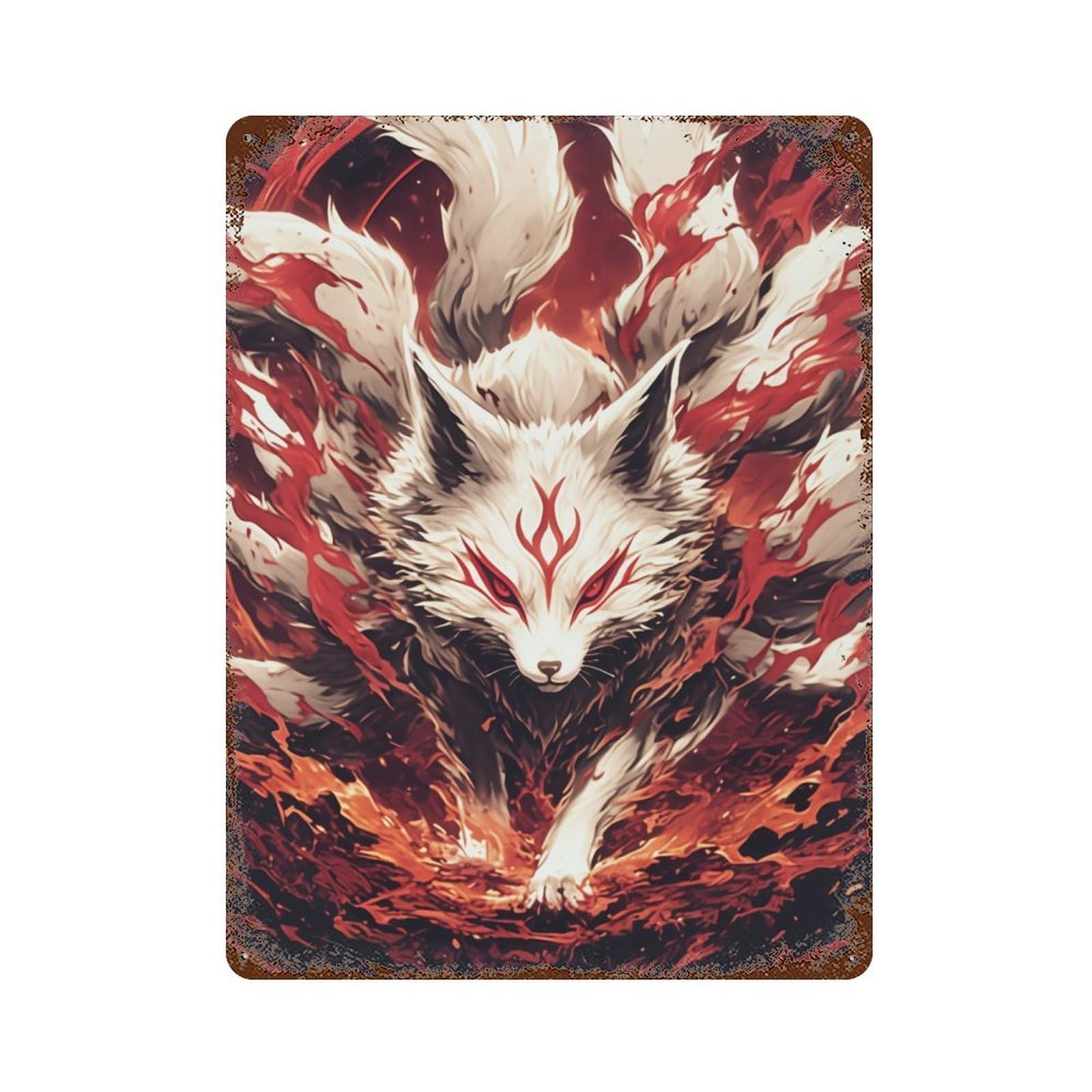 Rusty Metal Tin Sign with Fox Spirit with Red Flames Design 15.7"x11.8", for Farmhouse, Kitchen And Entryway Decor, Classic Wall Plaque