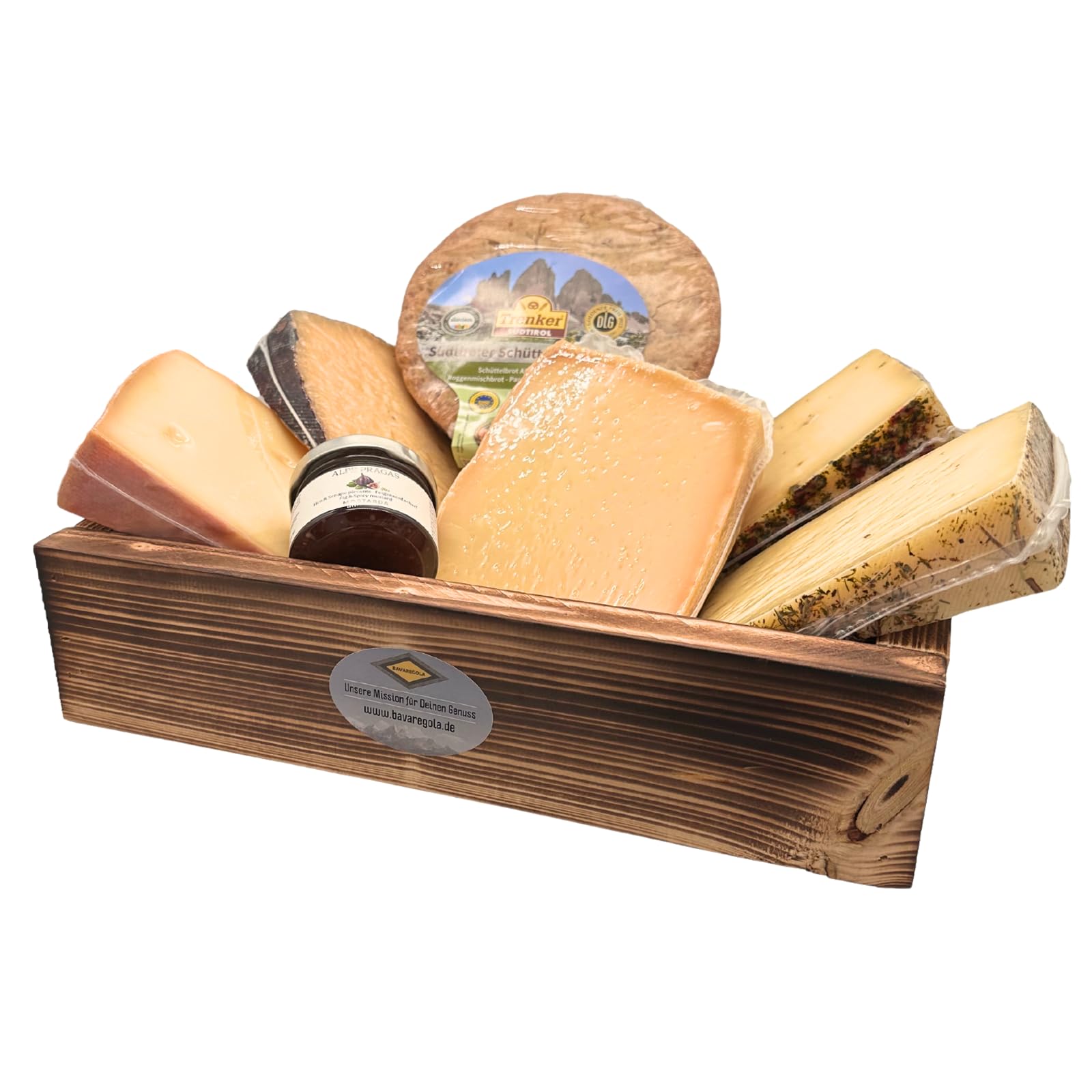 BAVAREGOLA Südtiroler Käse Geschenkekiste - Präsentkorb mit 5 Käsevariationen, Feigensenf & Schüttelbrot