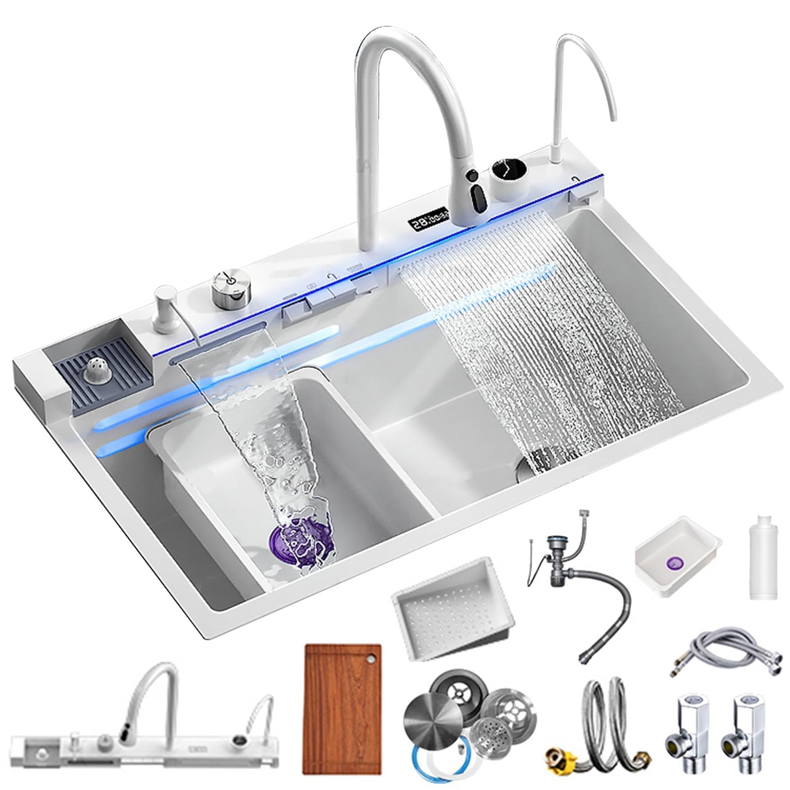 Smart Digital Display Küchenspüle mit herausziehbarem Wasserhahn, Edelstahl, doppelter Wasserauslass, 3 Entladungsmodi für vielseitiges Spülen und einfache Verwendung