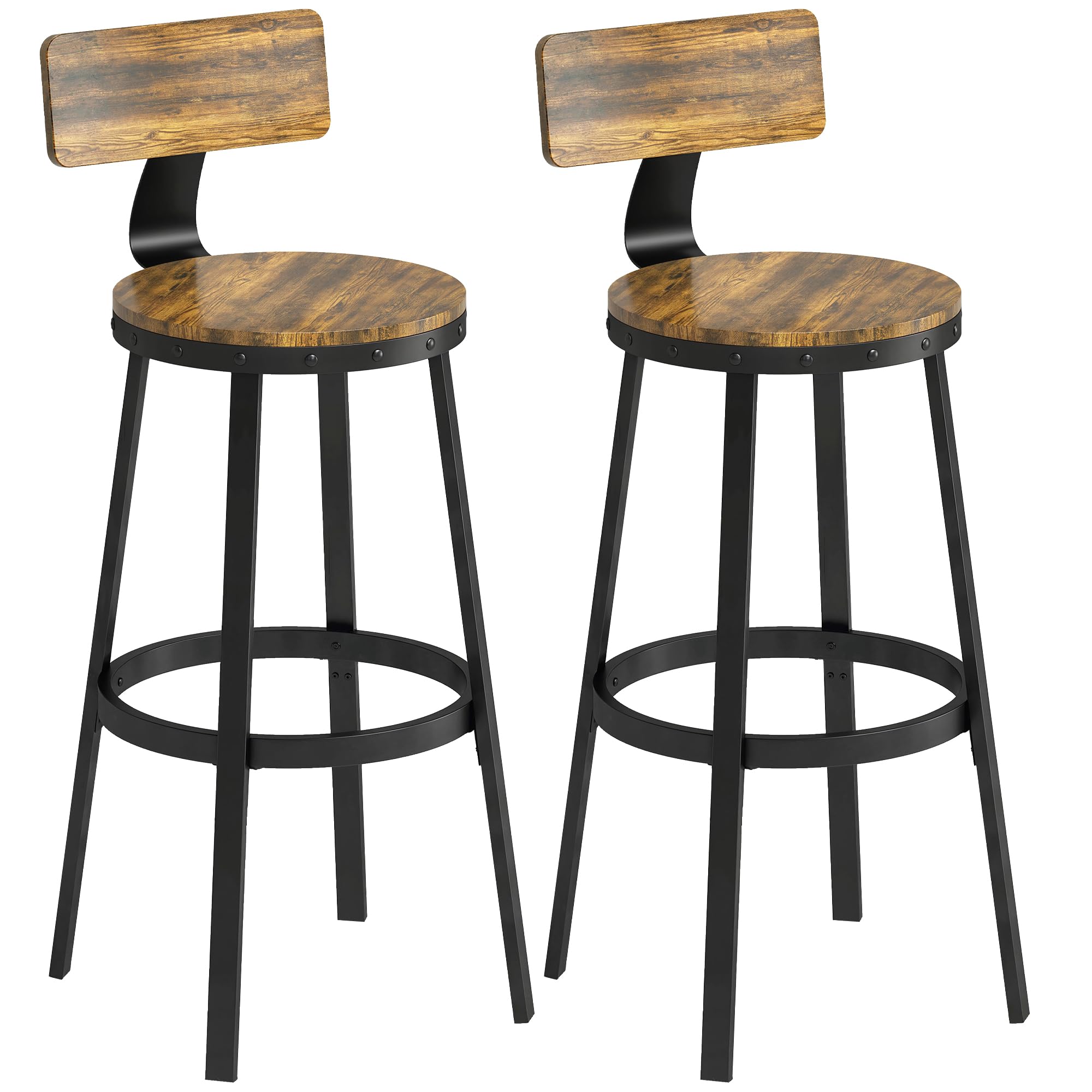 HOMCOM Set 2 Sgabelli Bar Cucina, Schienale, 73.8cm, Marrone Rustico | Industriali, Poggiapiedi, Struttura in Metallo, Sedie Alte, per Penisola, Sala da Pranzo, Bancone