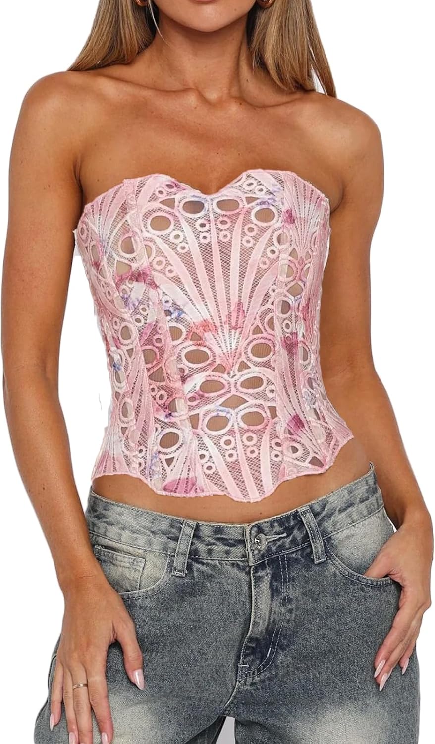 Women Sheer Lace Bustier Corset Tops Floral Hollowed Out Boned Strapless Tube Top Overbust Clubwear