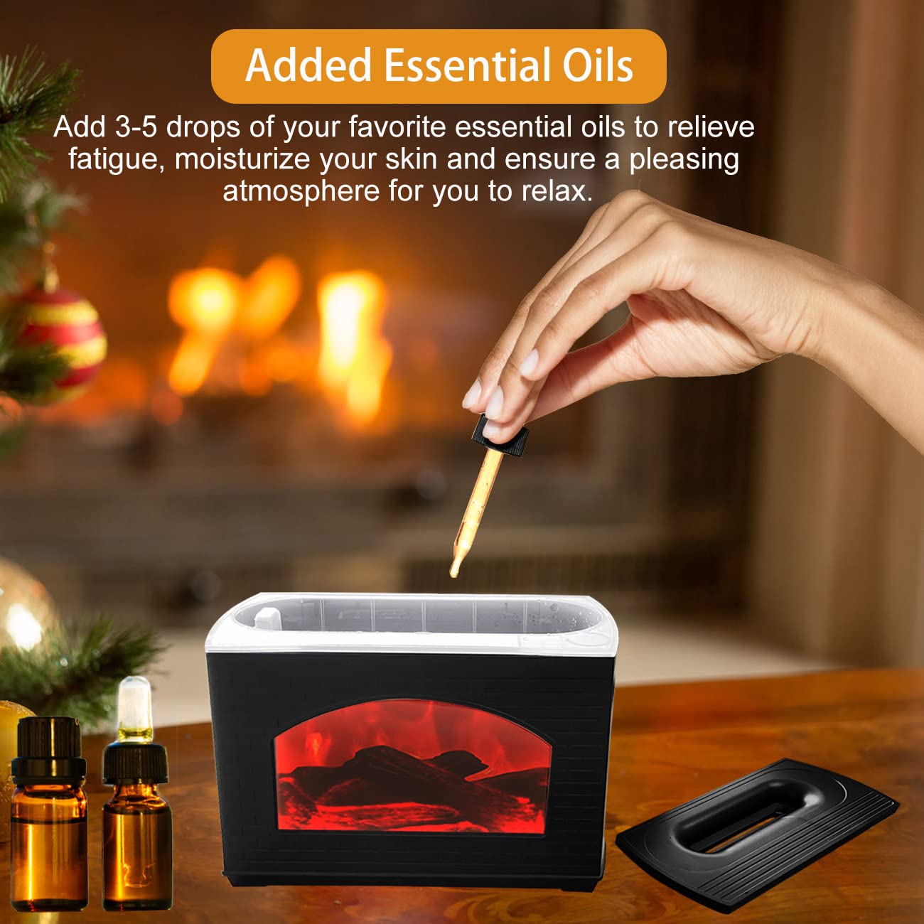 Flame Humidifier Essential Oil Diffuser with Fireplace Light for Bedroom, Fireplace Simulation Humidifier, Super Quiet 270ml Cool Mist Humidifiers Waterless Auto Shut-Off for Home Office Decor